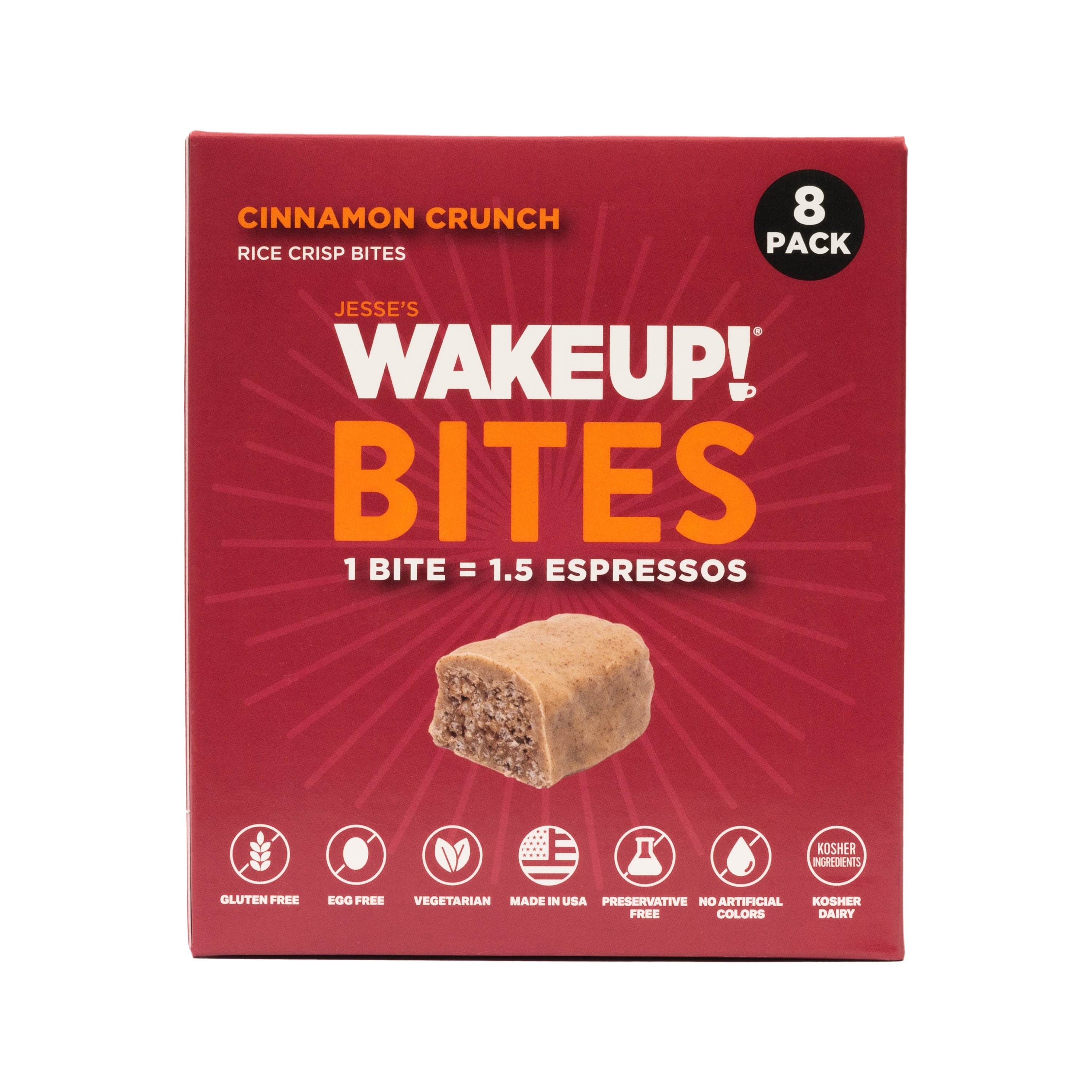 WAKE UP! Caffeinated Cinnamon Crunch Protein Bites - Gluten Free, Vegetarian, 175mg Caffeine (1 Bite = 1.5 Espressos) - Boosts Focus and Clarity - Kosher Ingredients - 8 Pack