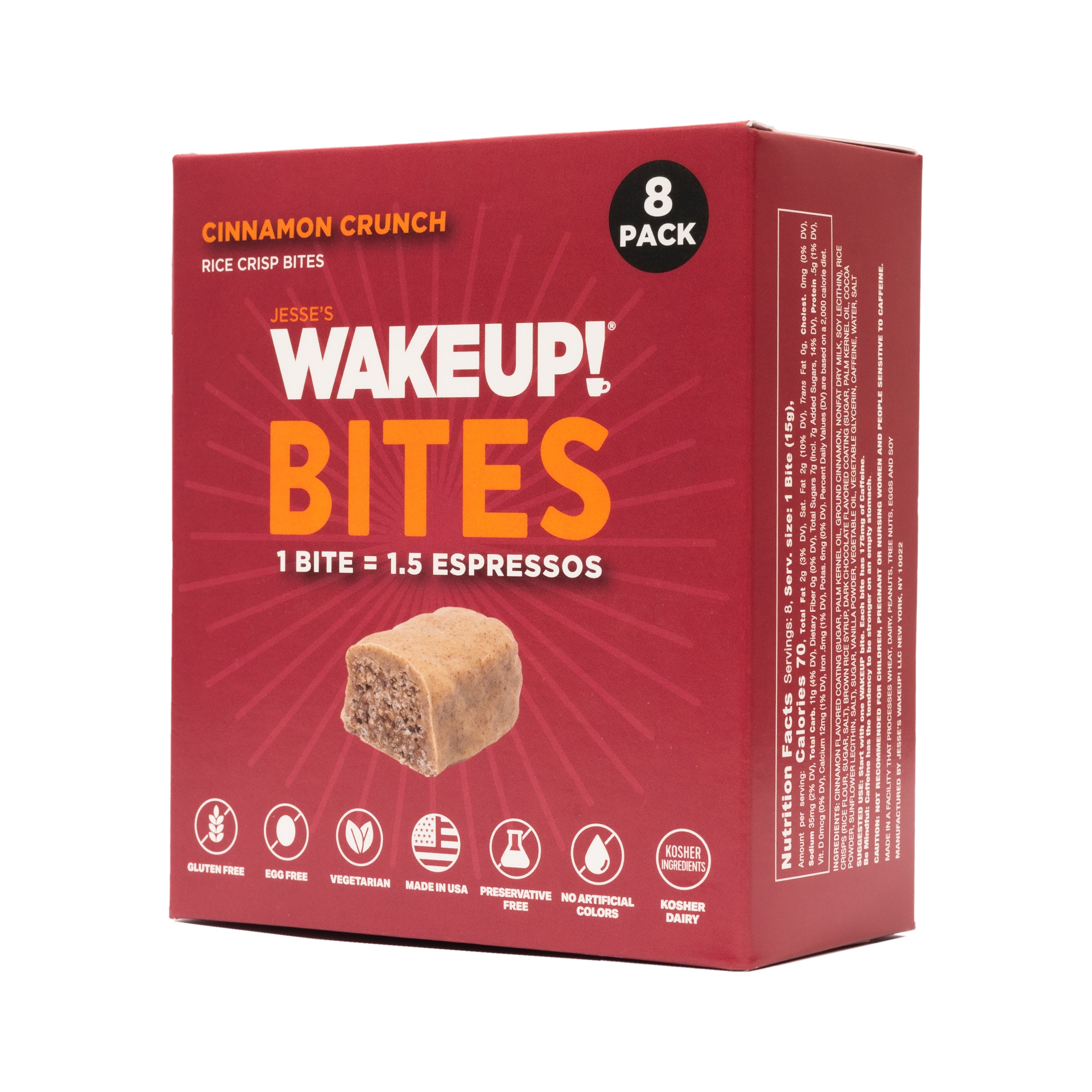 WAKE UP! Caffeinated Cinnamon Crunch Protein Bites - Gluten Free, Vegetarian, 175mg Caffeine (1 Bite = 1.5 Espressos) - Boosts Focus and Clarity - Kosher Ingredients - 8 Pack