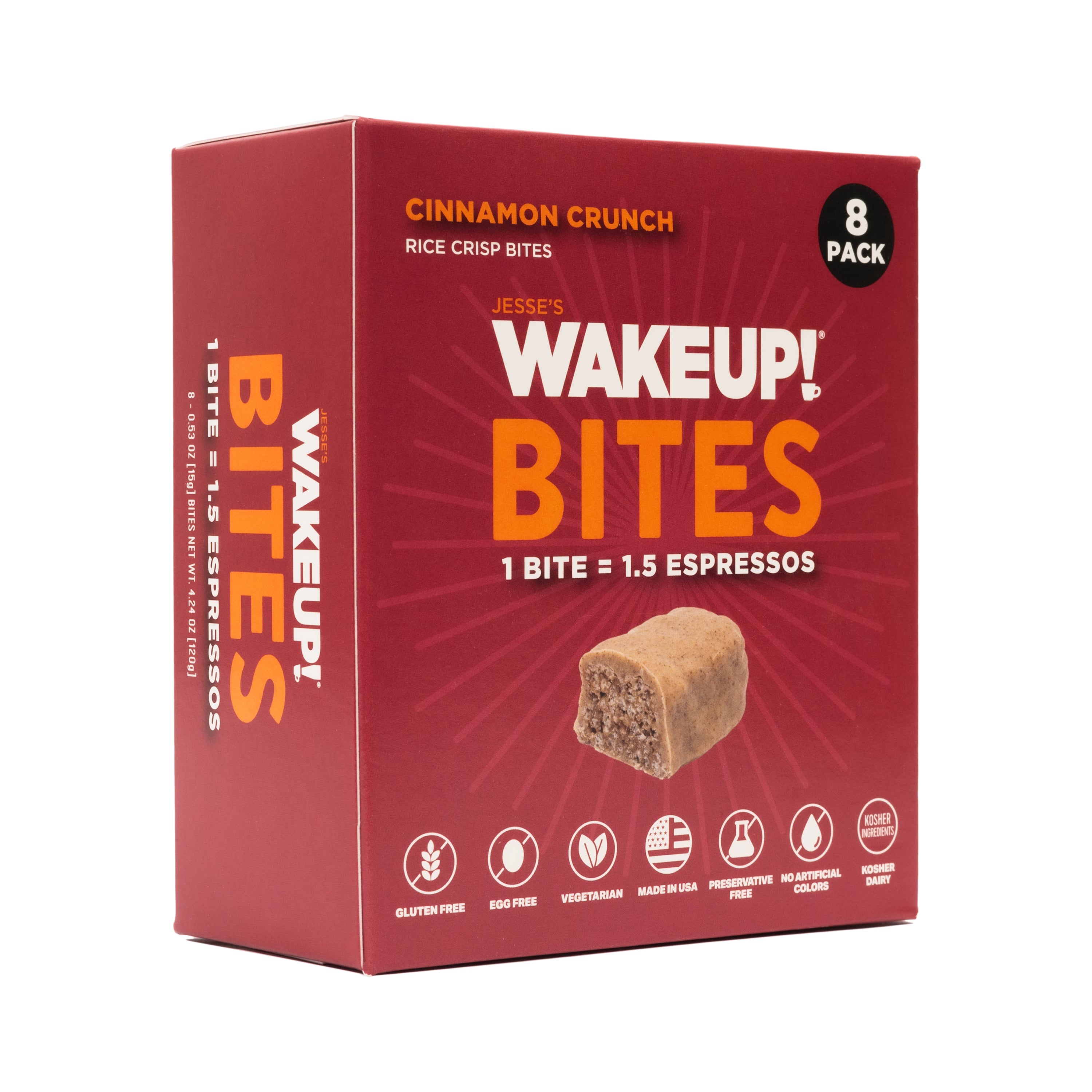 WAKE UP! Caffeinated Cinnamon Crunch Protein Bites - Gluten Free, Vegetarian, 175mg Caffeine (1 Bite = 1.5 Espressos) - Boosts Focus and Clarity - Kosher Ingredients - 8 Pack