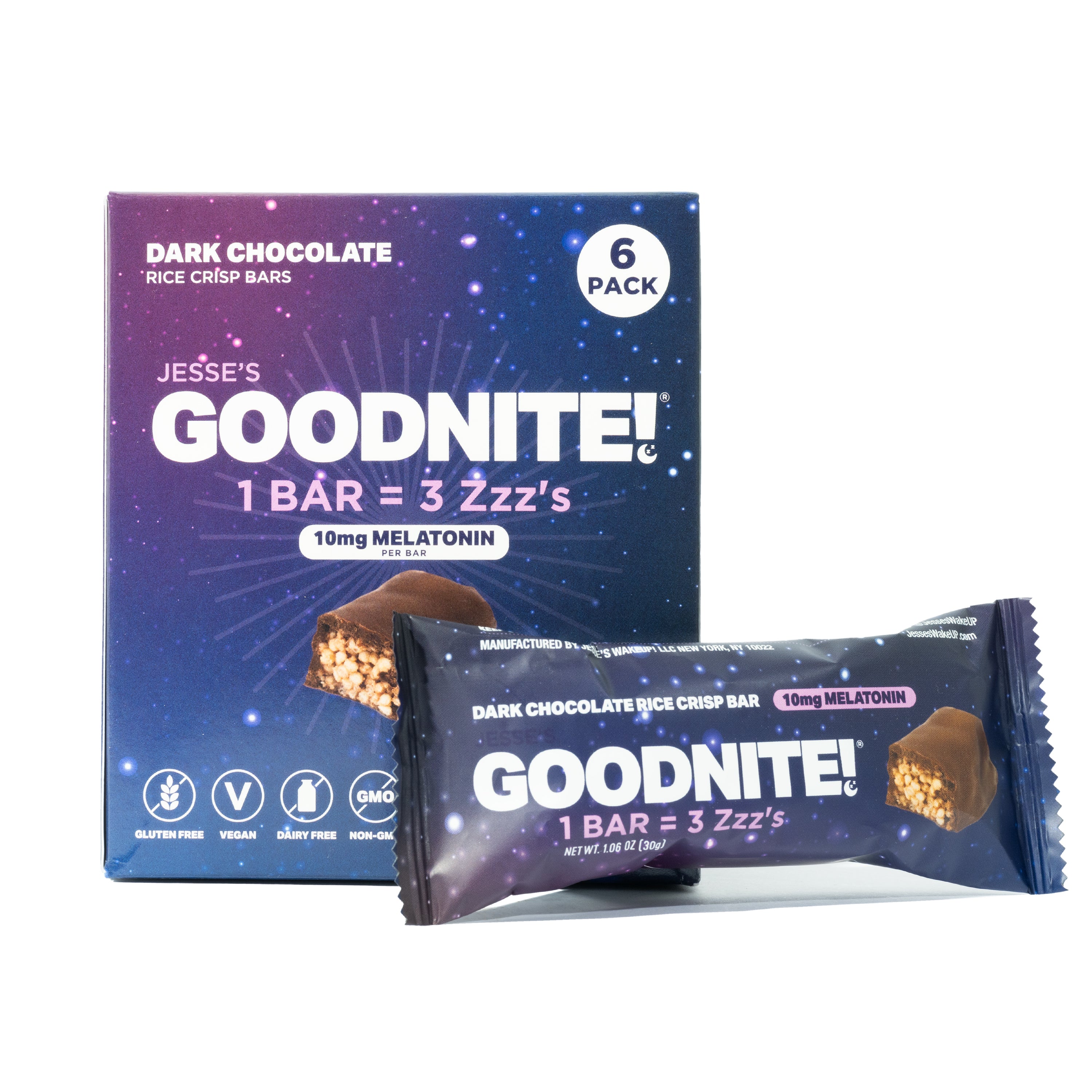 GoodNite! Chocolate Protein Bars with 10mg Melatonin & L-Theanine, Vegan, Gluten-Free, Kosher, Dark Chocolate - Relaxation and Sleep Support - 6 Pack