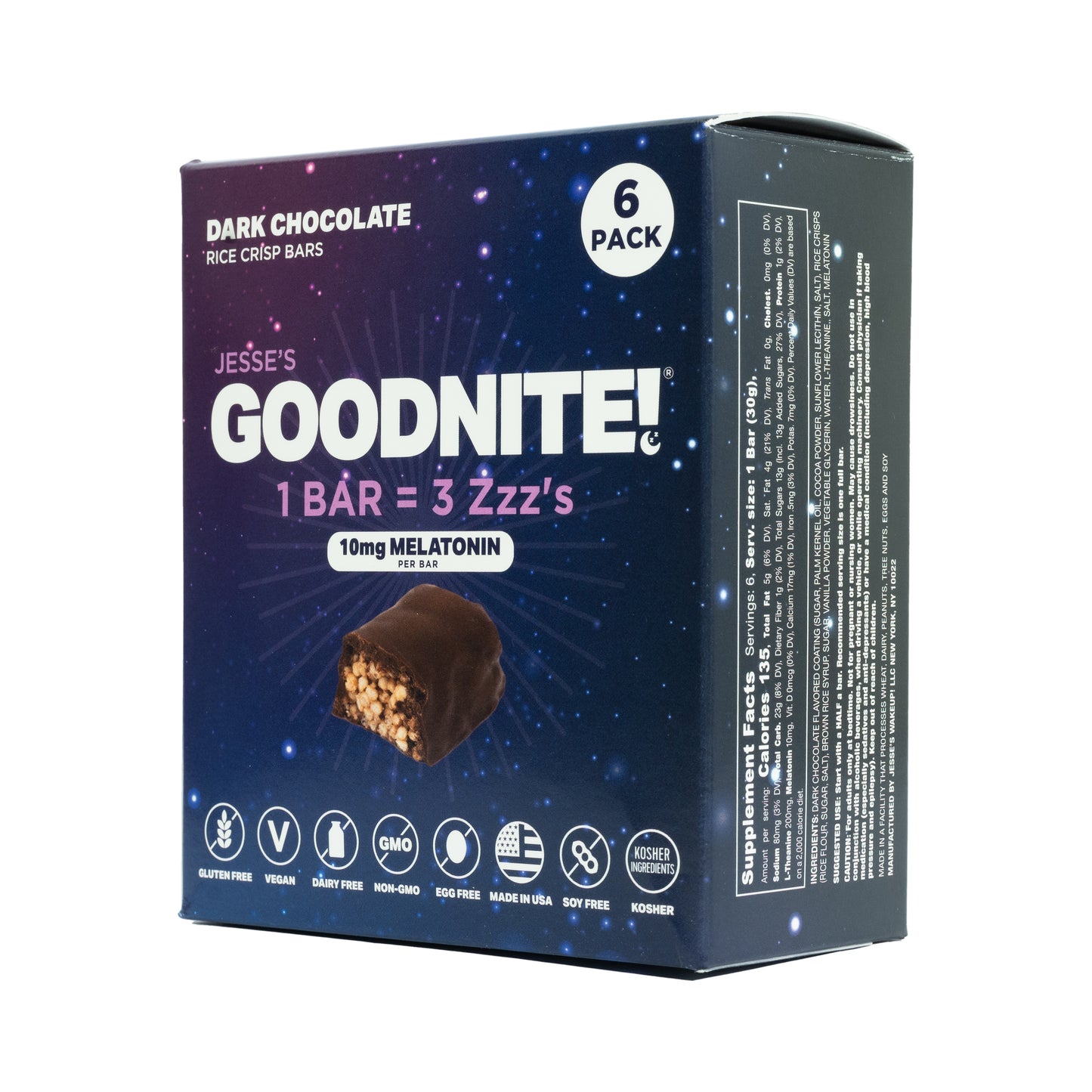 GoodNite! Chocolate Protein Bars with 10mg Melatonin & L-Theanine, Vegan, Gluten-Free, Kosher, Dark Chocolate - Relaxation and Sleep Support - 6 Pack