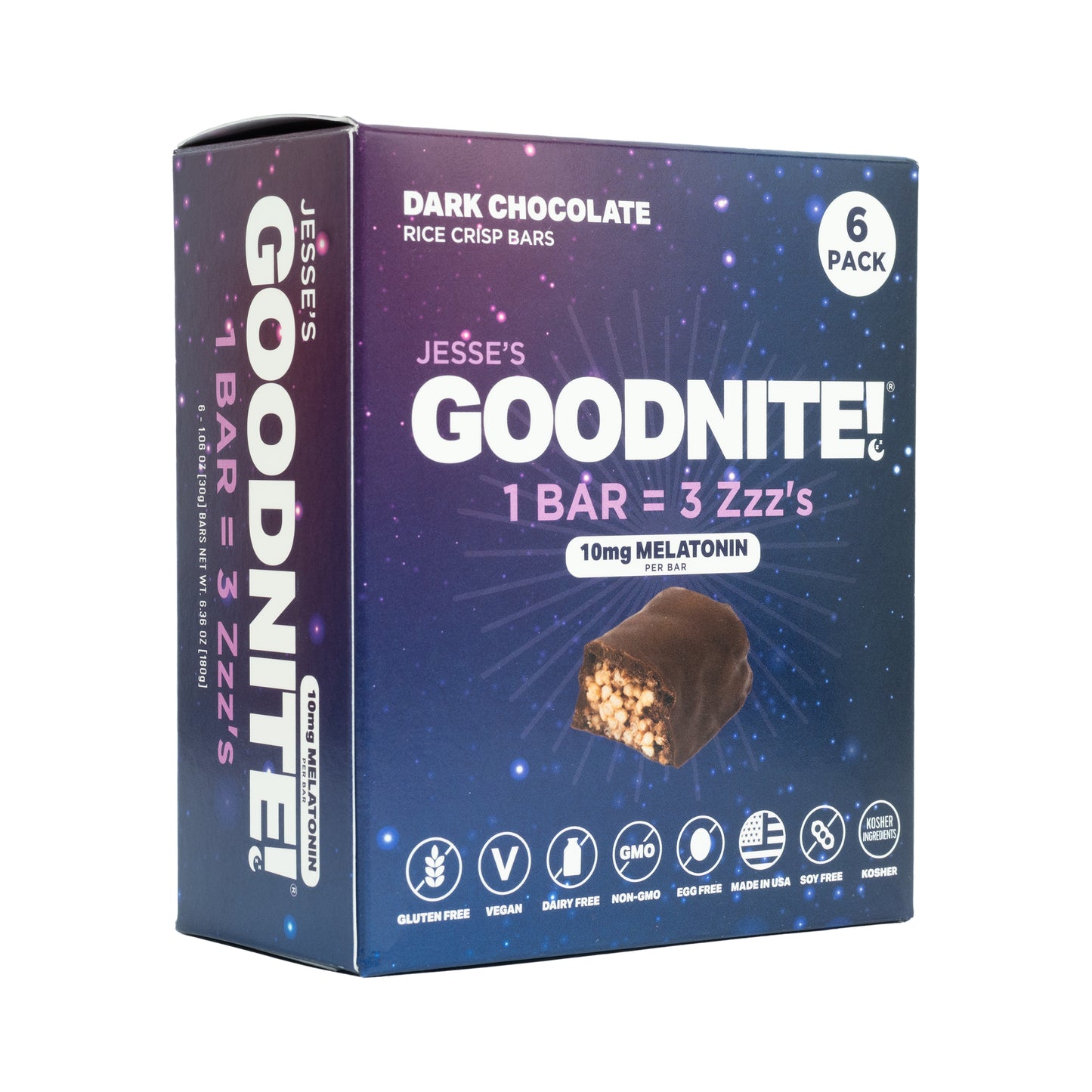 GoodNite! Chocolate Protein Bars with 10mg Melatonin & L-Theanine, Vegan, Gluten-Free, Kosher, Dark Chocolate - Relaxation and Sleep Support - 6 Pack