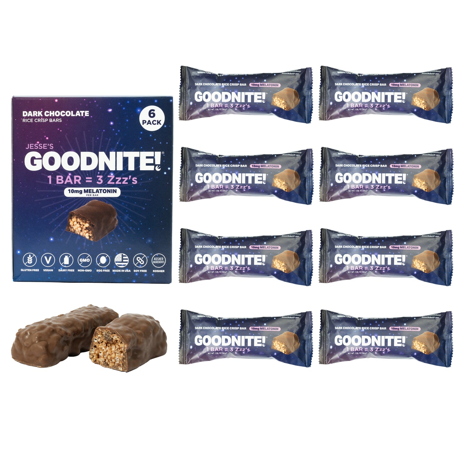 GoodNite! Chocolate Protein Bars with 10mg Melatonin & L-Theanine, Vegan, Gluten-Free, Kosher, Dark Chocolate - Relaxation and Sleep Support - 6 Pack