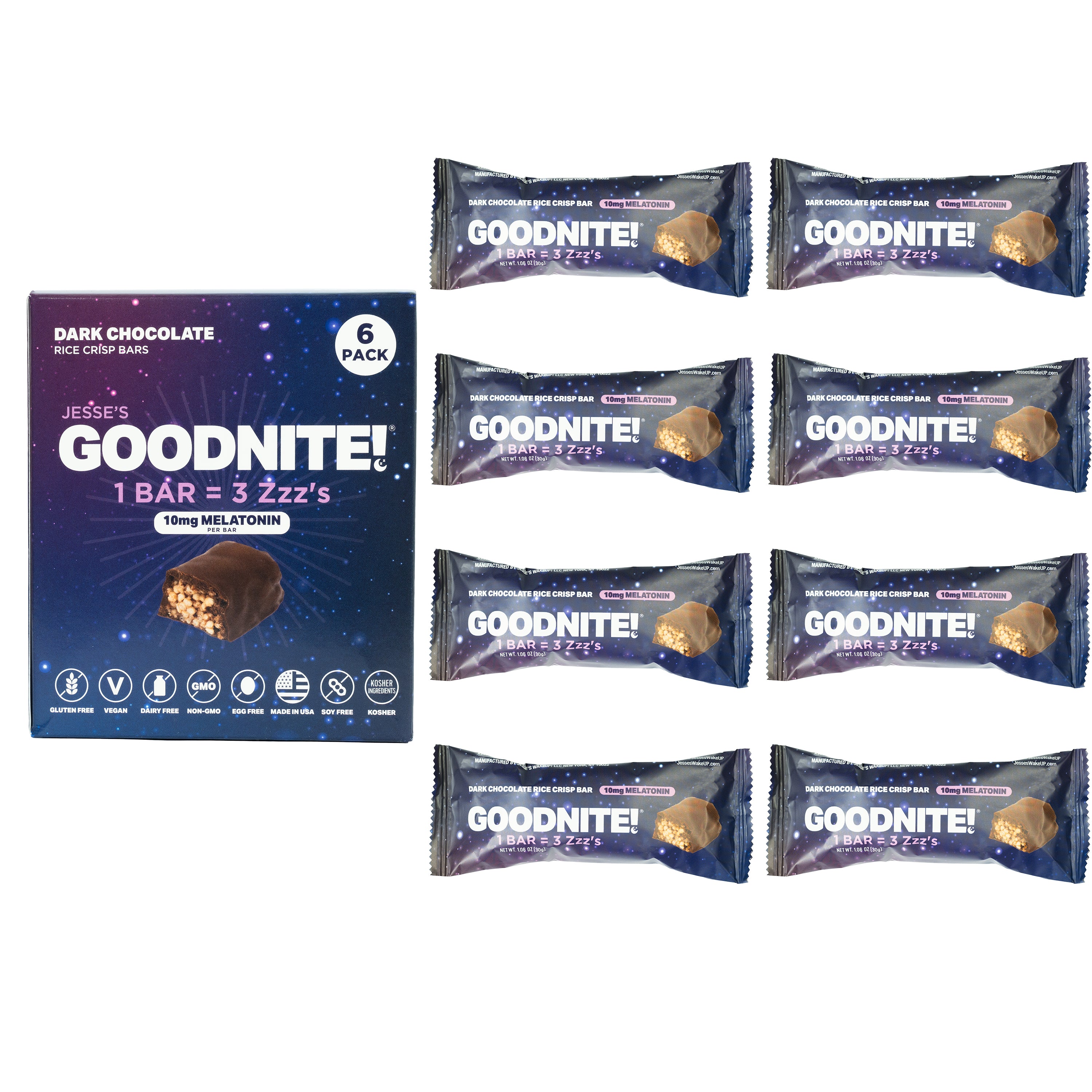 GoodNite! Chocolate Protein Bars with 10mg Melatonin & L-Theanine, Vegan, Gluten-Free, Kosher, Dark Chocolate - Relaxation and Sleep Support - 6 Pack