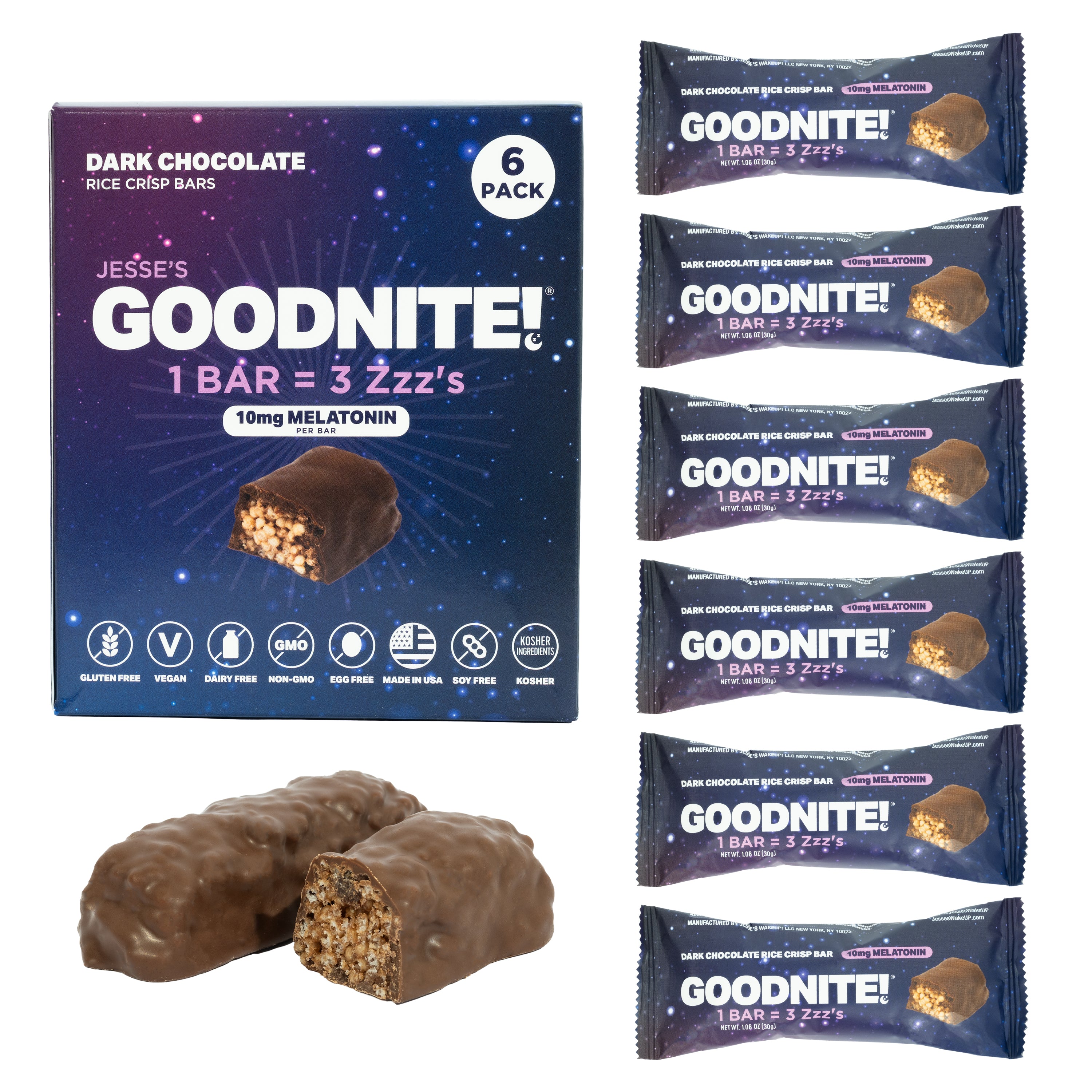 GOODNITE! Chocolate Protein Bars Value Pack – 6 Dark Chocolate Cartons (36 Bars) with 10mg Melatonin & L-Theanine, Vegan, Gluten-Free, Kosher, Dark Chocolate