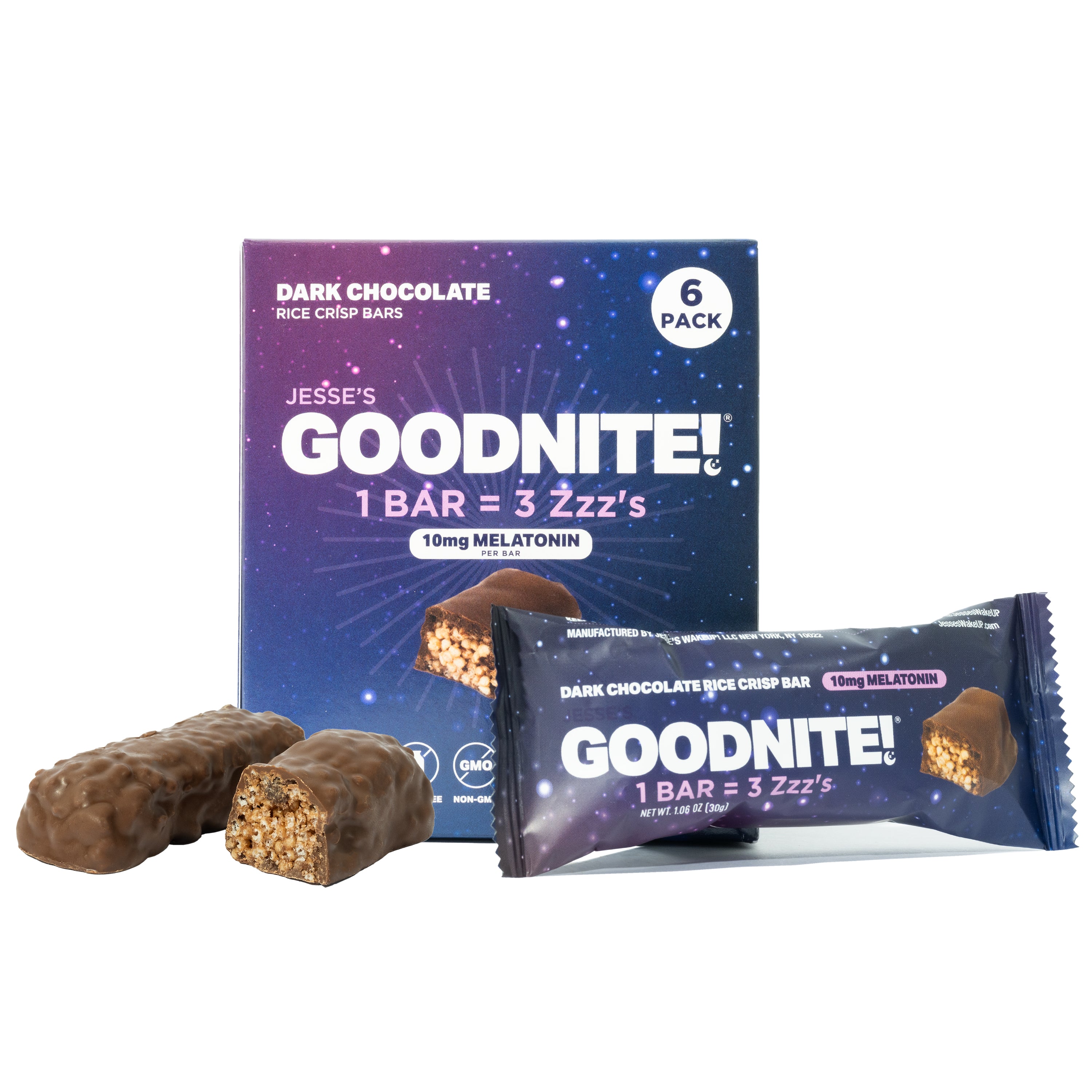 GoodNite! Chocolate Protein Bars with 10mg Melatonin & L-Theanine, Vegan, Gluten-Free, Kosher, Dark Chocolate - Relaxation and Sleep Support - 6 Pack