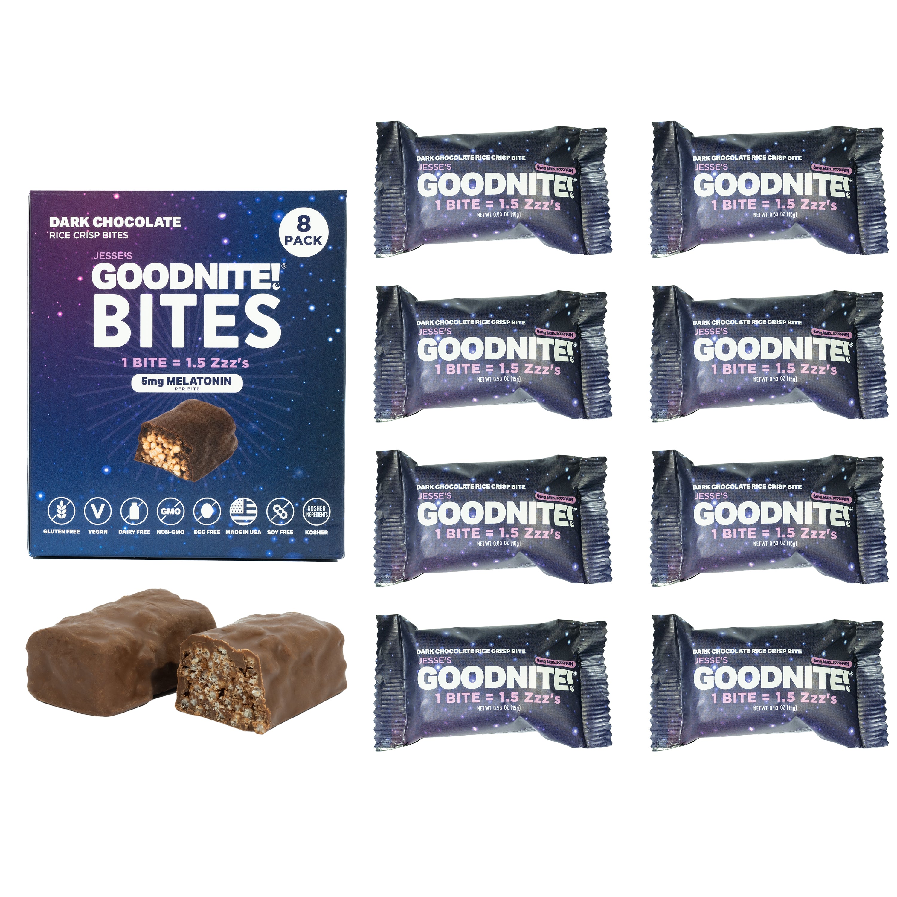 GoodNite! Chocolate Protein Bites with 5mg Melatonin & L-Theanine, Vegan, Gluten-Free, Kosher, Dark Chocolate - Relaxation and Sleep Support - 8 Pack