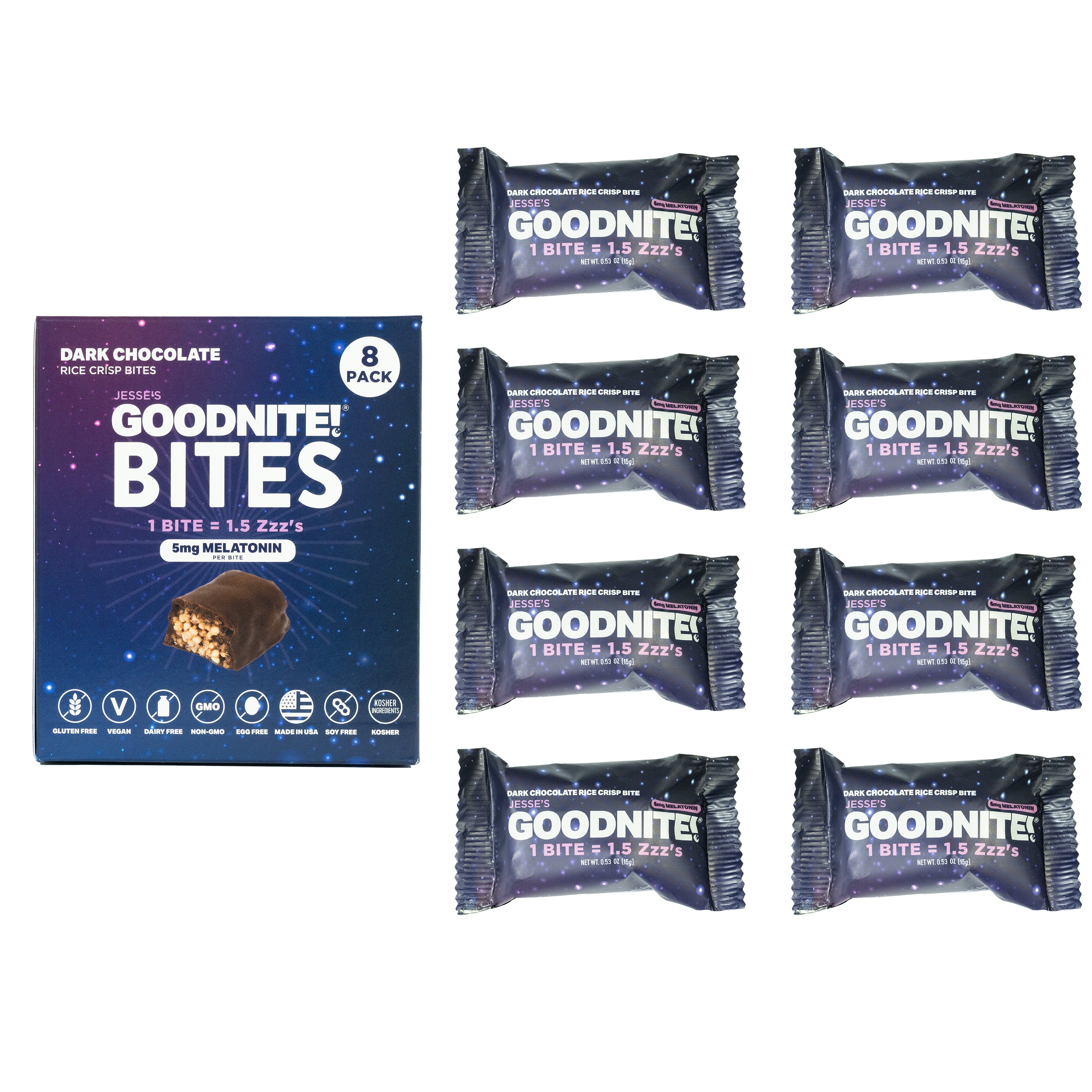 GoodNite! Chocolate Protein Bites with 5mg Melatonin & L-Theanine, Vegan, Gluten-Free, Kosher, Dark Chocolate - Relaxation and Sleep Support - 8 Pack