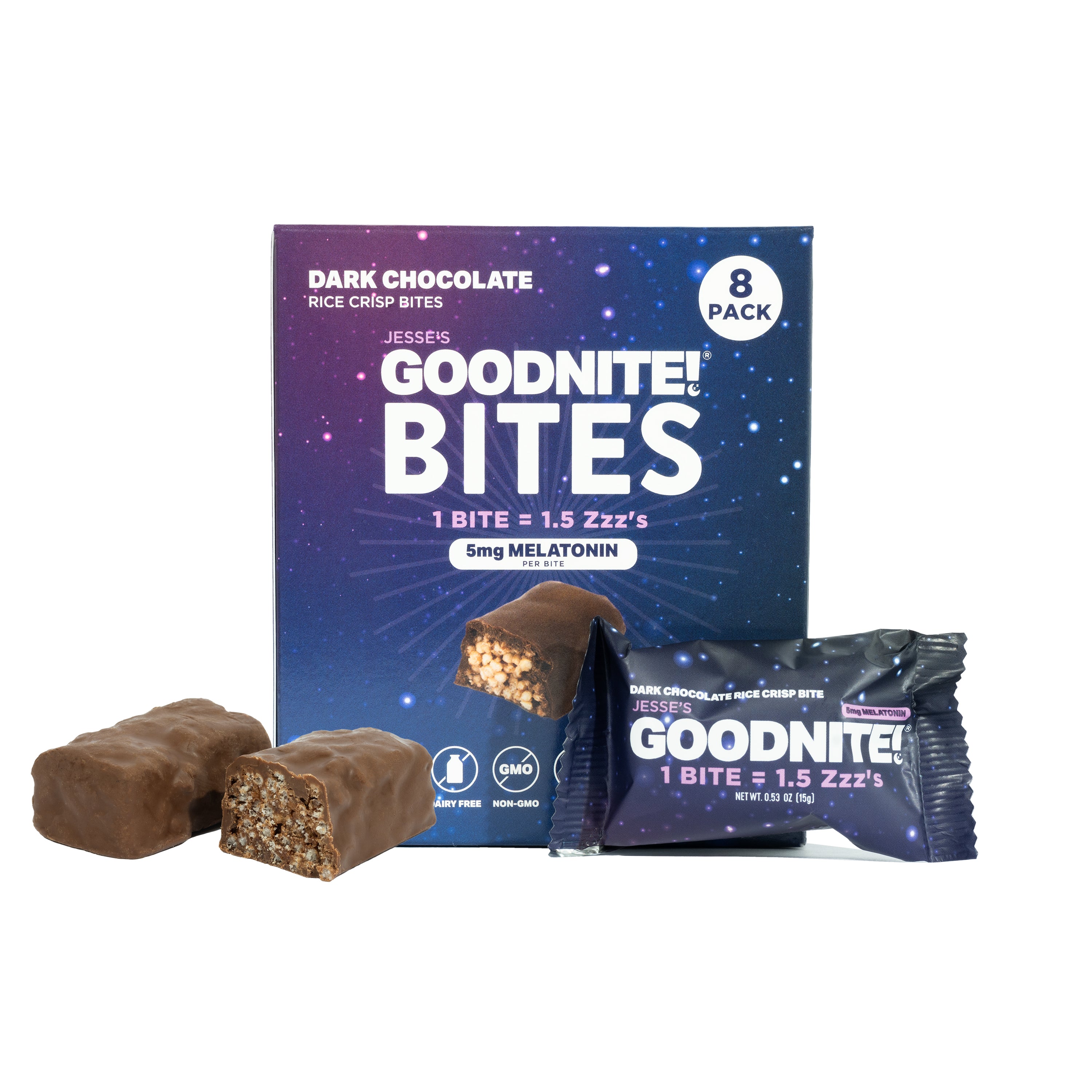 GoodNite! Chocolate Protein Bites with 5mg Melatonin & L-Theanine, Vegan, Gluten-Free, Kosher, Dark Chocolate - Relaxation and Sleep Support - 8 Pack