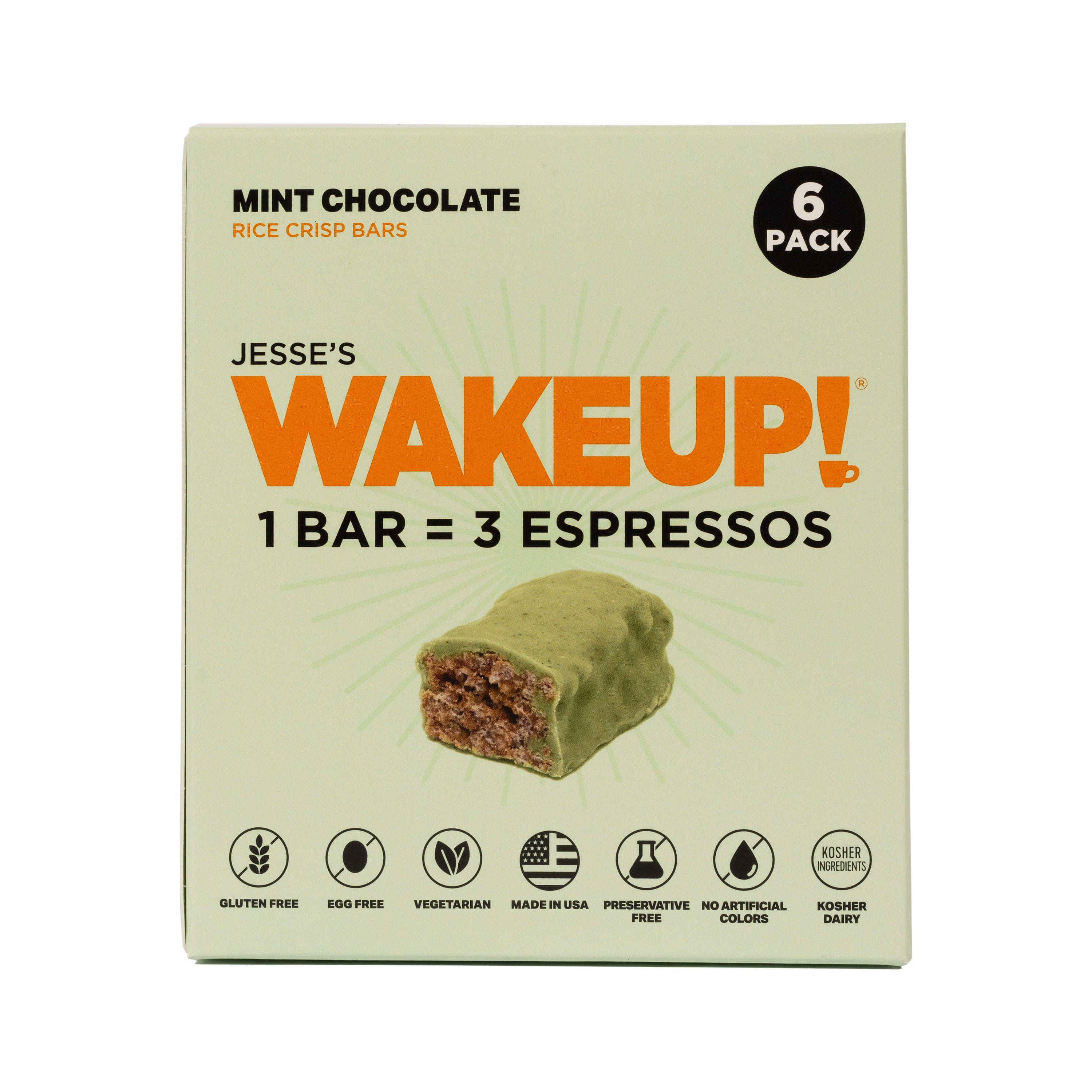 WAKE UP! Caffeinated Mint Chocolate Protein Bars - Gluten Free, Vegetarian, 350mg Caffeine (1 Bar = 3 Espressos) - Boosts Focus and Clarity - Kosher Ingredients - 6 Pack