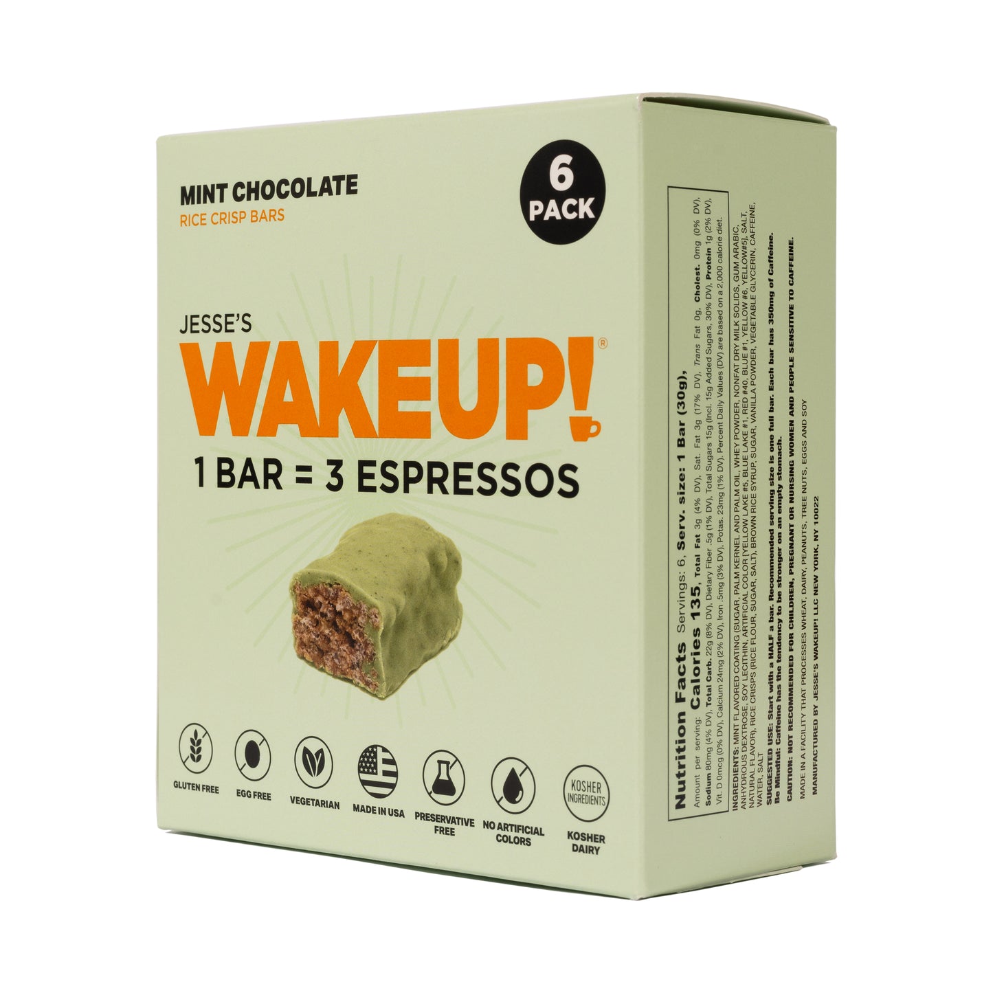 WAKE UP! Caffeinated Mint Chocolate Protein Bars - Gluten Free, Vegetarian, 350mg Caffeine (1 Bar = 3 Espressos) - Boosts Focus and Clarity - Kosher Ingredients - 6 Pack