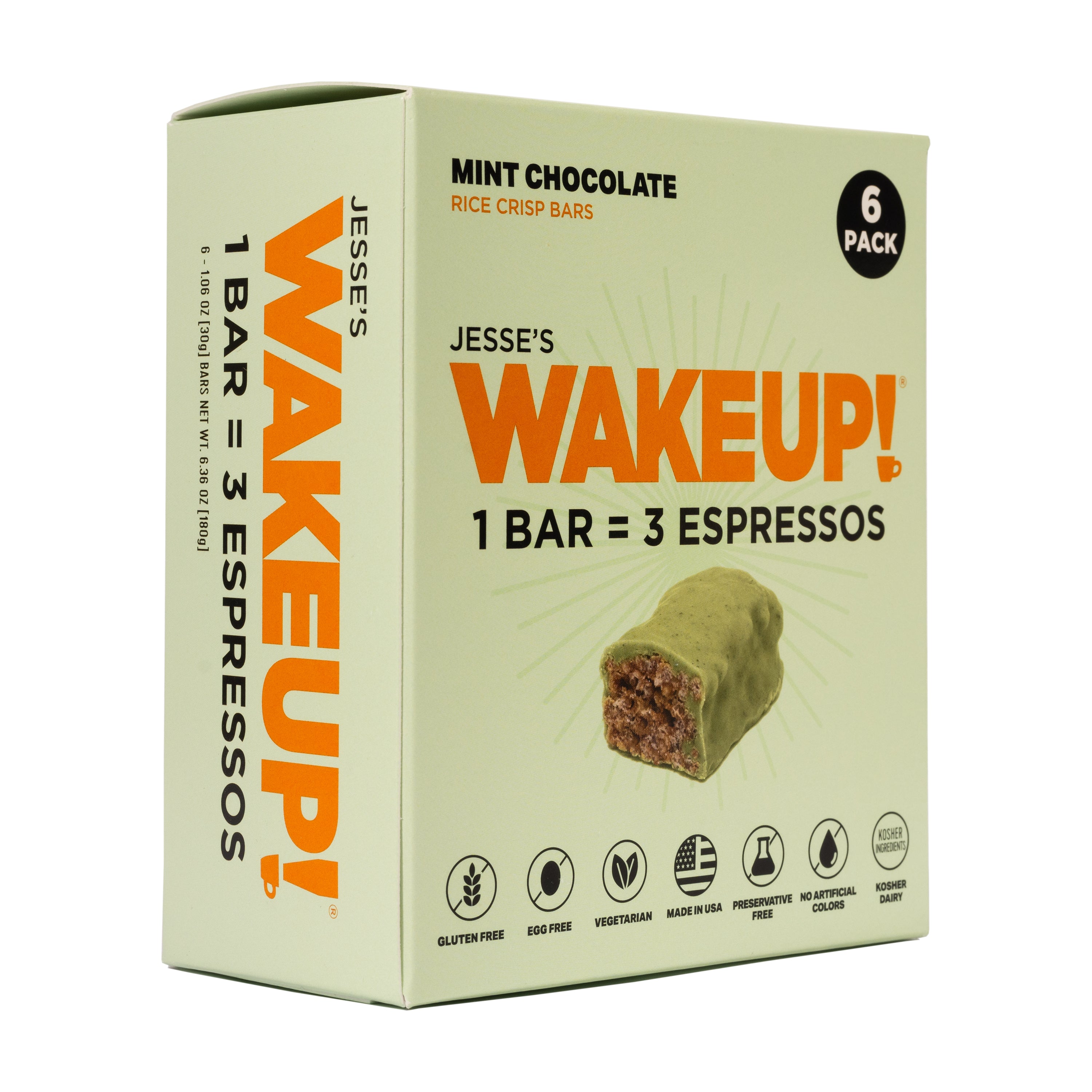 WAKE UP! Caffeinated Mint Chocolate Protein Bars - Gluten Free, Vegetarian, 350mg Caffeine (1 Bar = 3 Espressos) - Boosts Focus and Clarity - Kosher Ingredients - 6 Pack