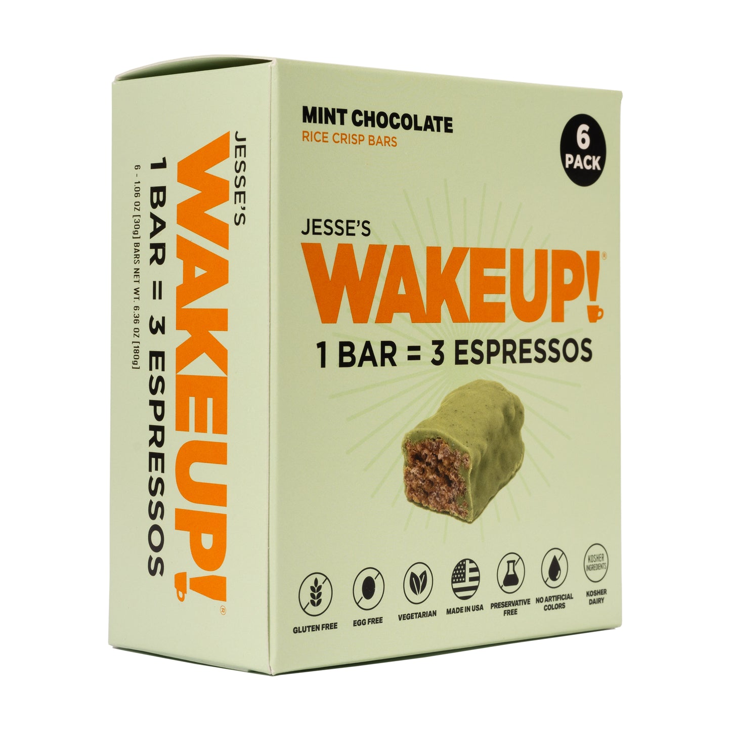 WAKE UP! Caffeinated Mint Chocolate Protein Bars - Gluten Free, Vegetarian, 350mg Caffeine (1 Bar = 3 Espressos) - Boosts Focus and Clarity - Kosher Ingredients - 6 Pack