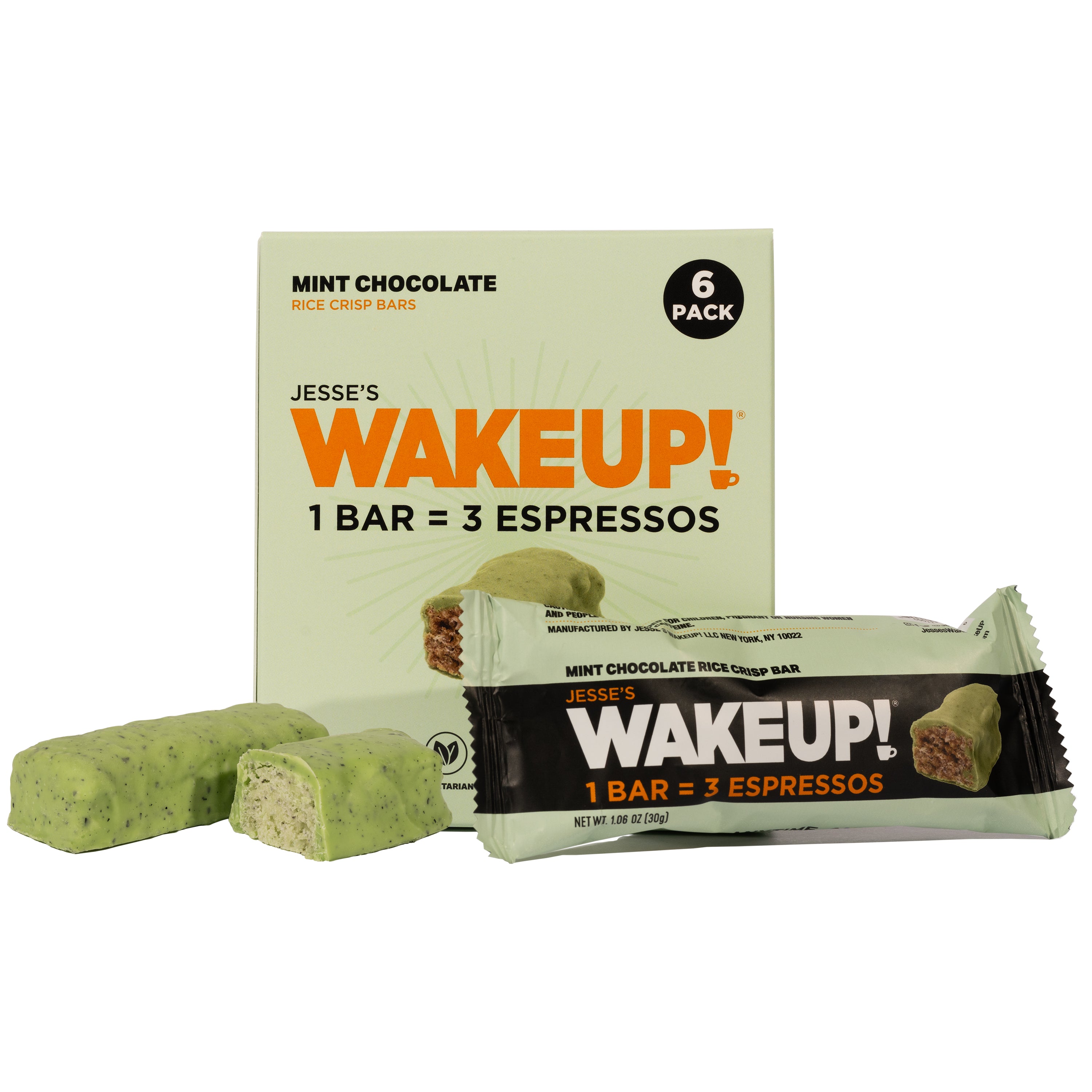 WAKE UP! Caffeinated Mint Chocolate Protein Bars - Gluten Free, Vegetarian, 350mg Caffeine (1 Bar = 3 Espressos) - Boosts Focus and Clarity - Kosher Ingredients - 6 Pack