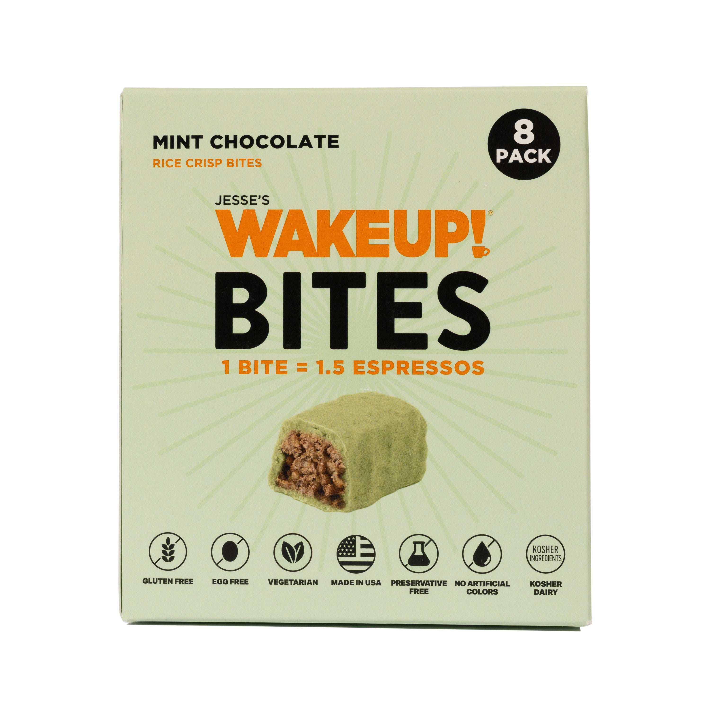 WAKE UP! Caffeinated Mint Chocolate Protein Bites - Gluten Free, Vegetarian, 175mg Caffeine (1 Bite = 1.5 Espressos) - Boosts Focus and Clarity - Kosher Ingredients - 8 Pack