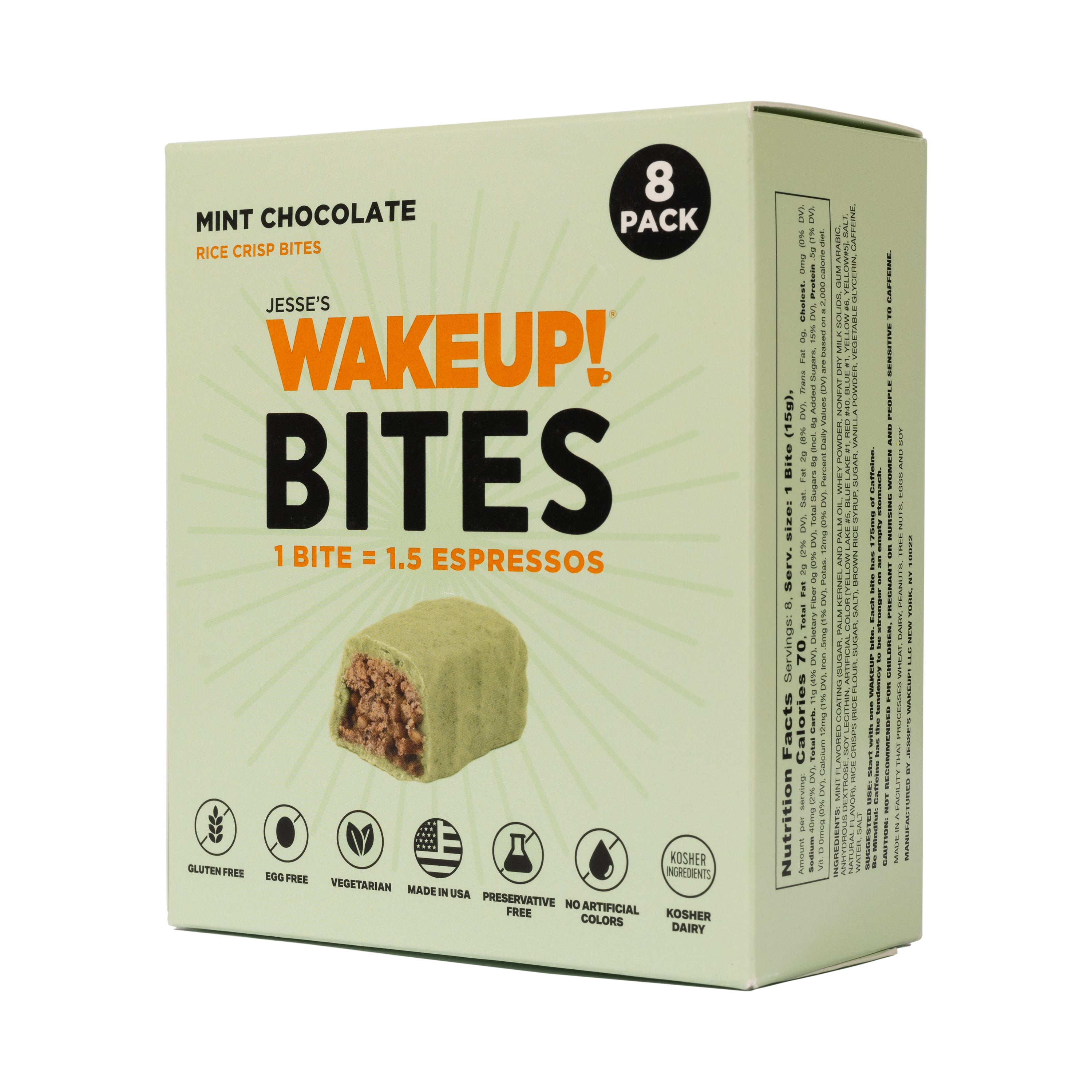 WAKE UP! Caffeinated Mint Chocolate Protein Bites - Gluten Free, Vegetarian, 175mg Caffeine (1 Bite = 1.5 Espressos) - Boosts Focus and Clarity - Kosher Ingredients - 8 Pack