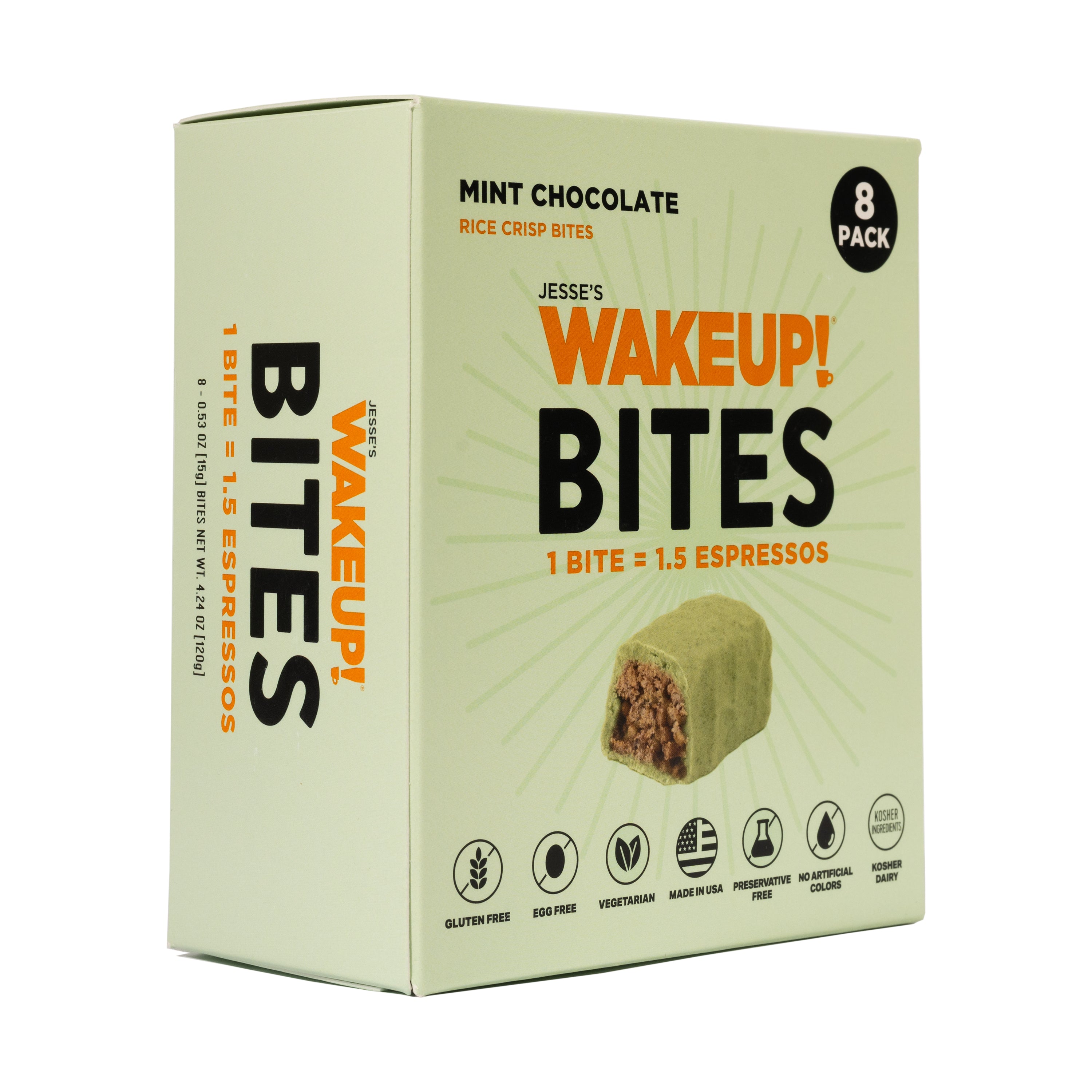 WAKE UP! Caffeinated Mint Chocolate Protein Bites - Gluten Free, Vegetarian, 175mg Caffeine (1 Bite = 1.5 Espressos) - Boosts Focus and Clarity - Kosher Ingredients - 8 Pack