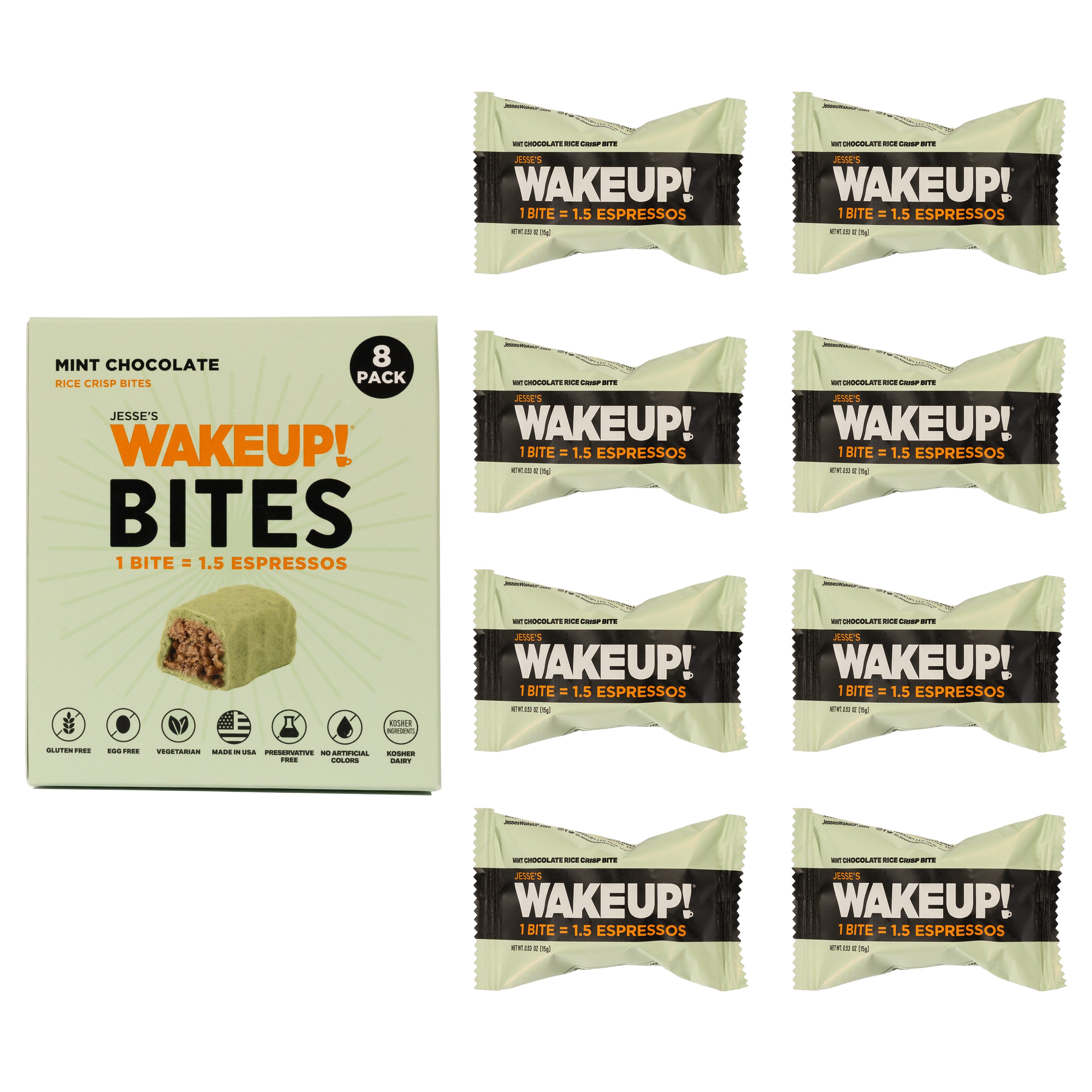 WAKE UP! Caffeinated Mint Chocolate Protein Bites - Gluten Free, Vegetarian, 175mg Caffeine (1 Bite = 1.5 Espressos) - Boosts Focus and Clarity - Kosher Ingredients - 8 Pack