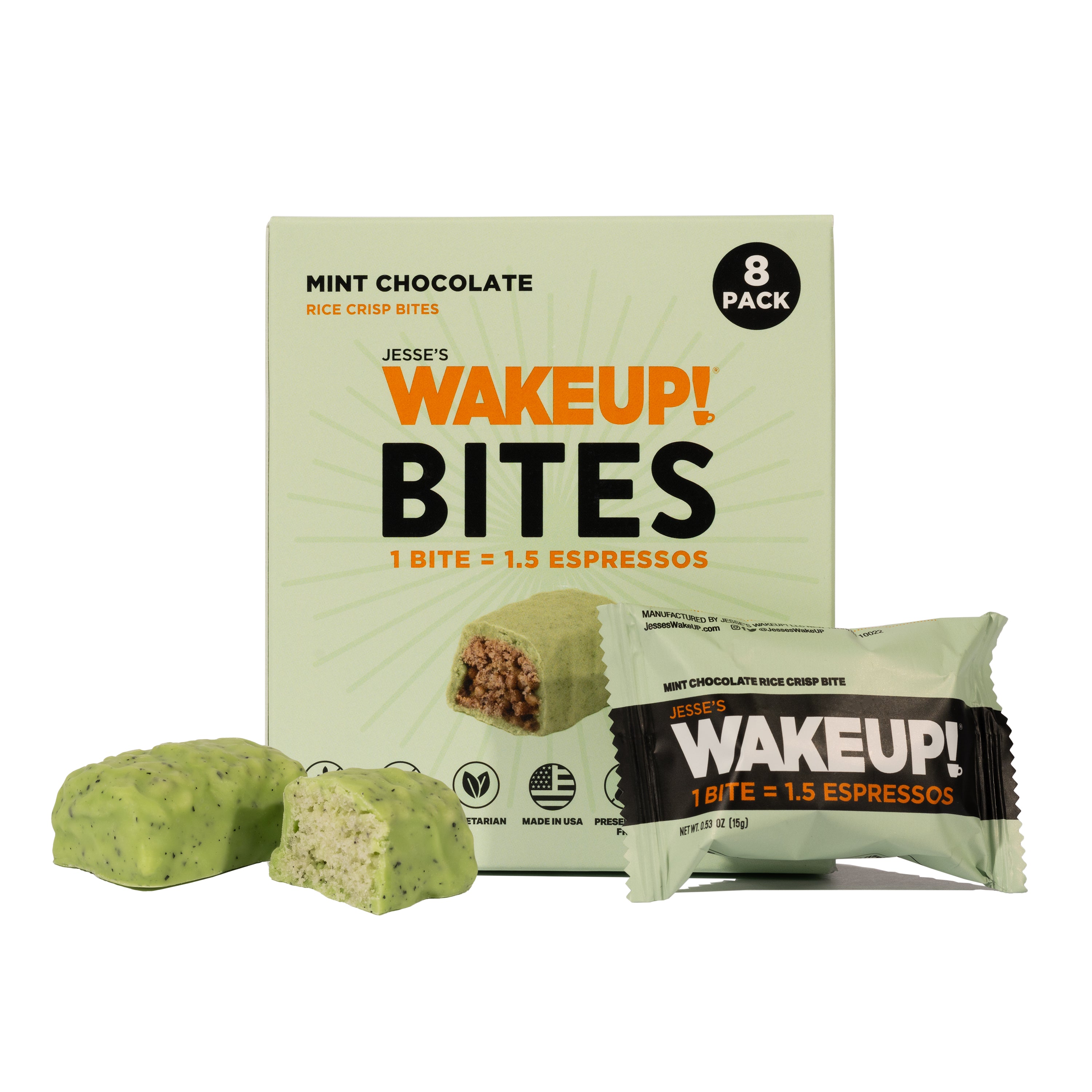 WAKE UP! Caffeinated Mint Chocolate Protein Bites - Gluten Free, Vegetarian, 175mg Caffeine (1 Bite = 1.5 Espressos) - Boosts Focus and Clarity - Kosher Ingredients - 8 Pack