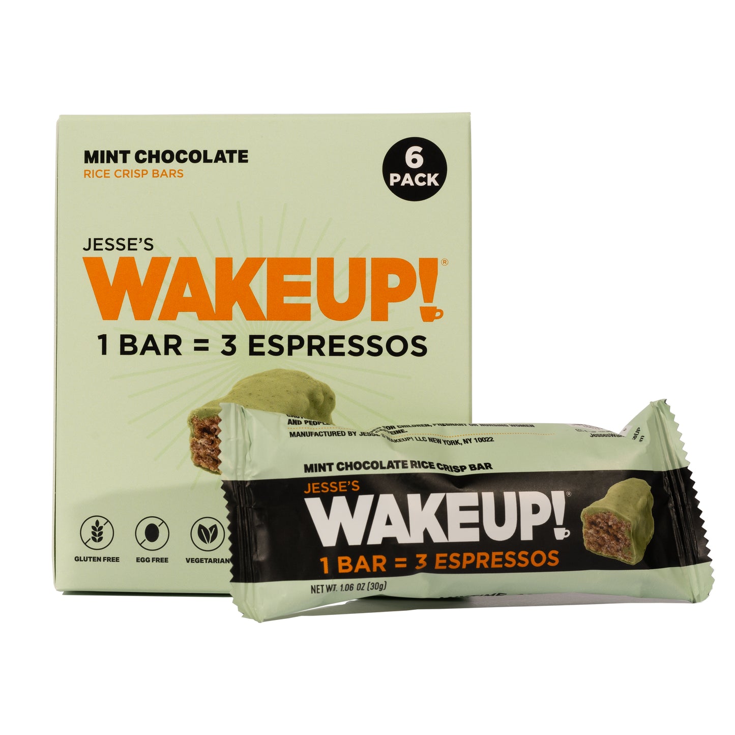 WAKE UP! Caffeinated Mint Chocolate Protein Bars - Gluten Free, Vegetarian, 350mg Caffeine (1 Bar = 3 Espressos) - Boosts Focus and Clarity - Kosher Ingredients - 6 Pack