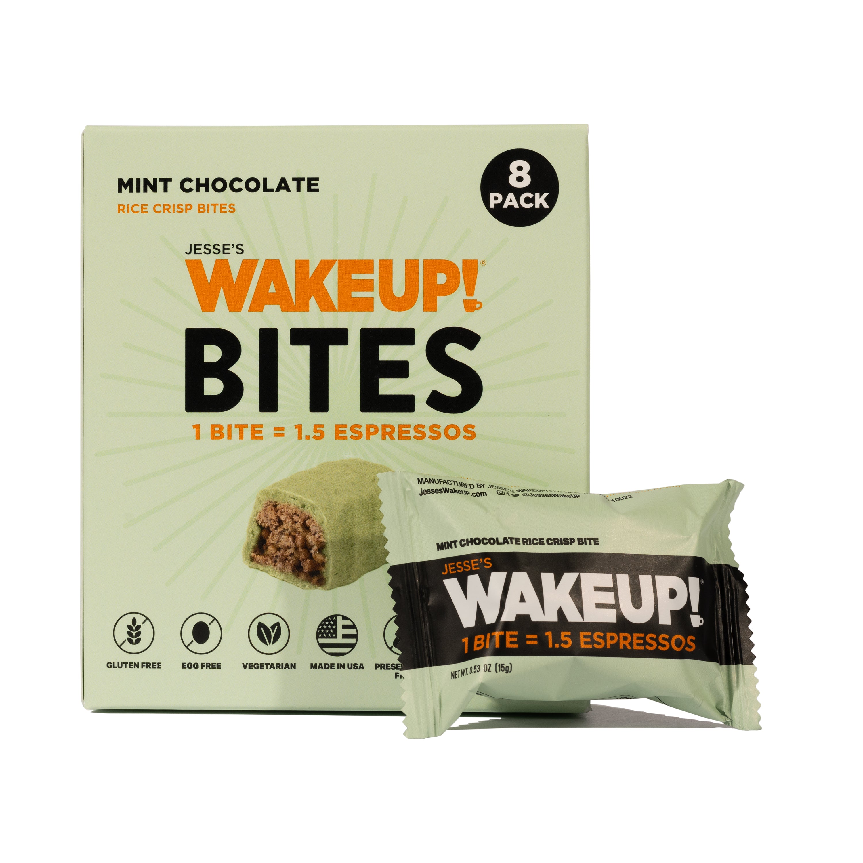 WAKE UP! Caffeinated Mint Chocolate Protein Bites - Gluten Free, Vegetarian, 175mg Caffeine (1 Bite = 1.5 Espressos) - Boosts Focus and Clarity - Kosher Ingredients - 8 Pack