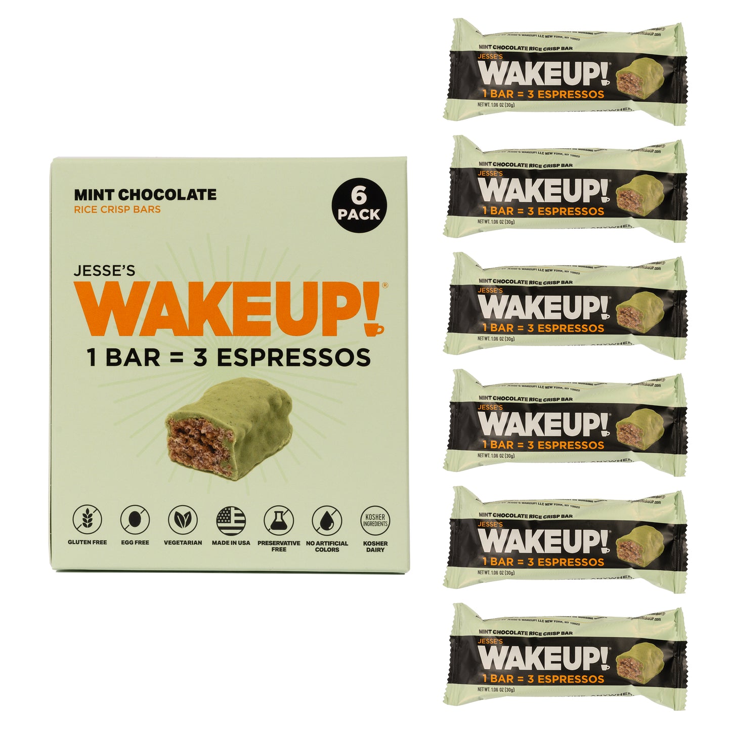 WAKE UP! Caffeinated Mint Chocolate Protein Bars - Gluten Free, Vegetarian, 350mg Caffeine (1 Bar = 3 Espressos) - Boosts Focus and Clarity - Kosher Ingredients - 6 Pack