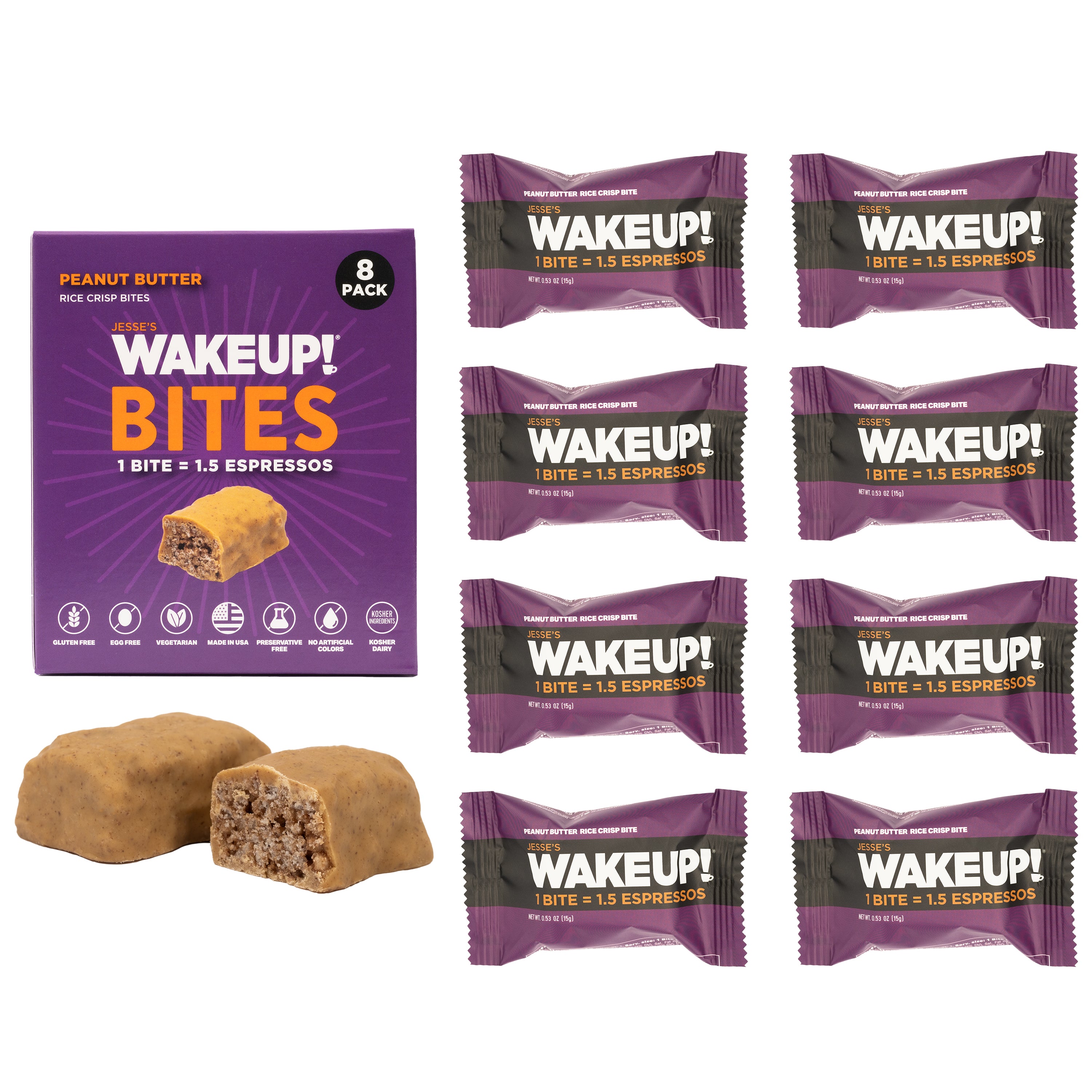 WAKE UP! Caffeinated Peanut Butter Protein Bites - Gluten Free, Vegetarian, 175mg Caffeine (1 Bite = 1.5 Espressos) - Boosts Focus and Clarity - Kosher Ingredients - 8 Pack