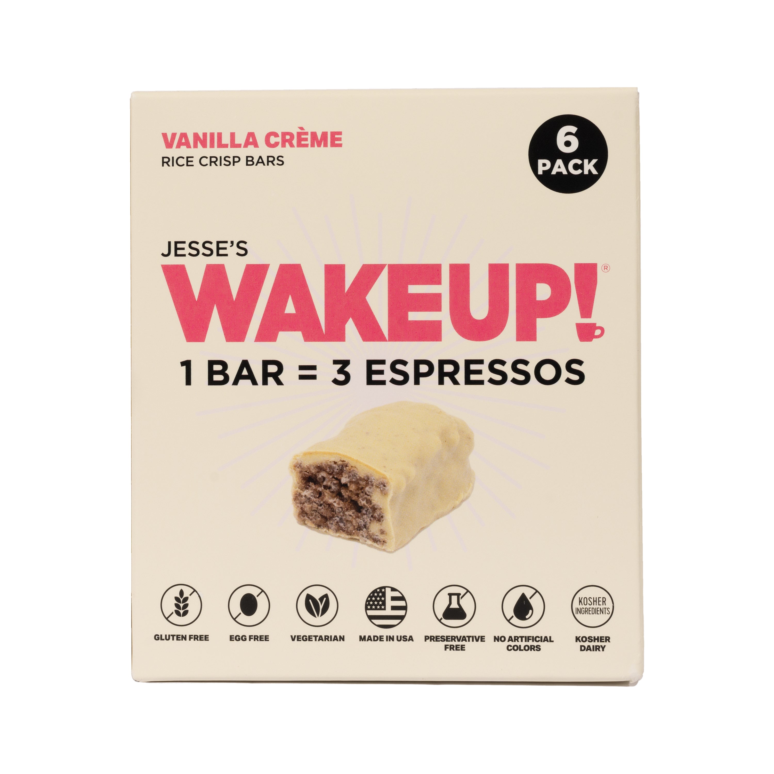 WAKE UP! Caffeinated Vanilla Creme Protein Bars - Gluten Free, Vegetarian, 350mg Caffeine (1 Bar = 3 Espressos) - Boosts Focus and Clarity - Kosher Ingredients - 6 Pack