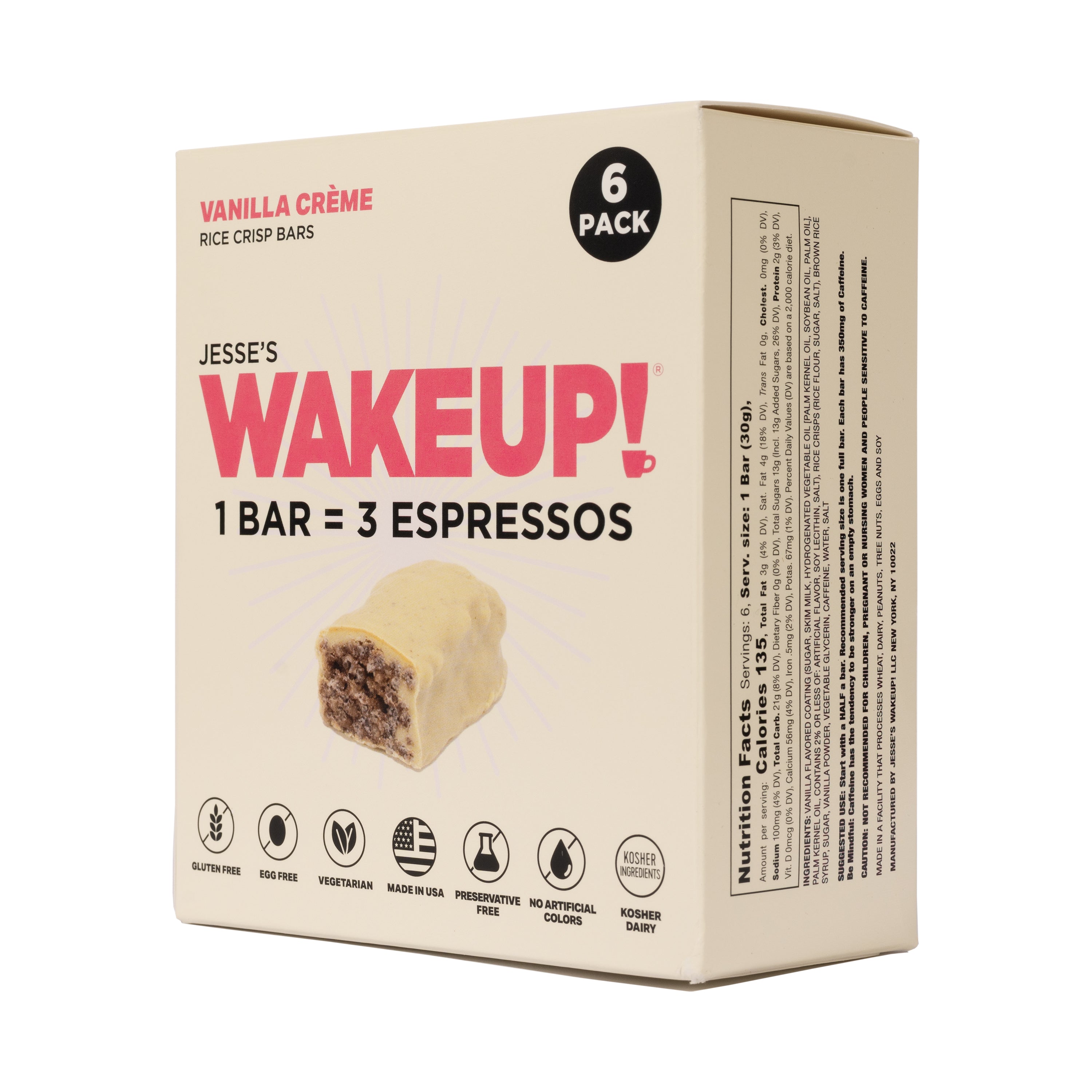 WAKE UP! Caffeinated Vanilla Creme Protein Bars - Gluten Free, Vegetarian, 350mg Caffeine (1 Bar = 3 Espressos) - Boosts Focus and Clarity - Kosher Ingredients - 6 Pack