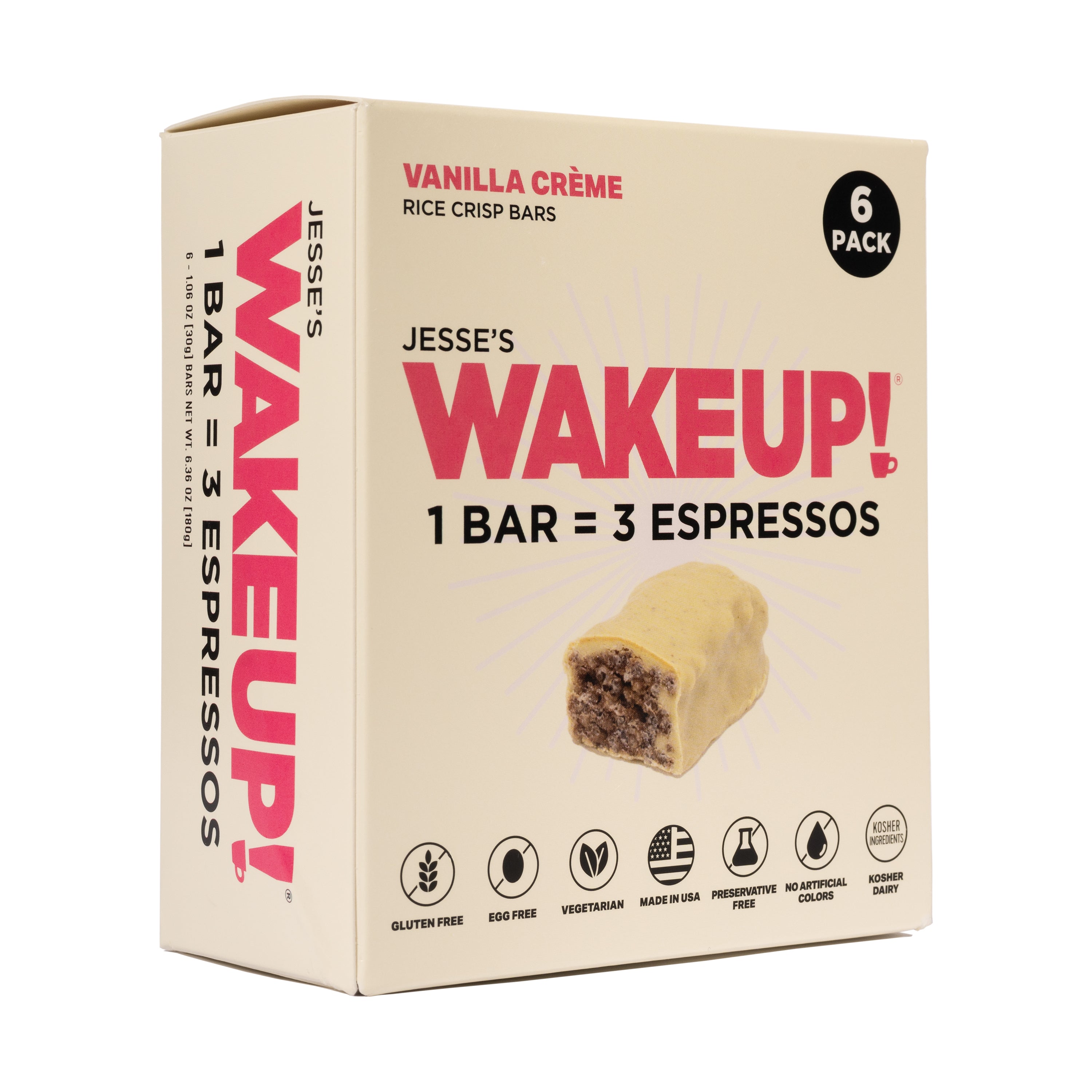 WAKE UP! Caffeinated Vanilla Creme Protein Bars - Gluten Free, Vegetarian, 350mg Caffeine (1 Bar = 3 Espressos) - Boosts Focus and Clarity - Kosher Ingredients - 6 Pack