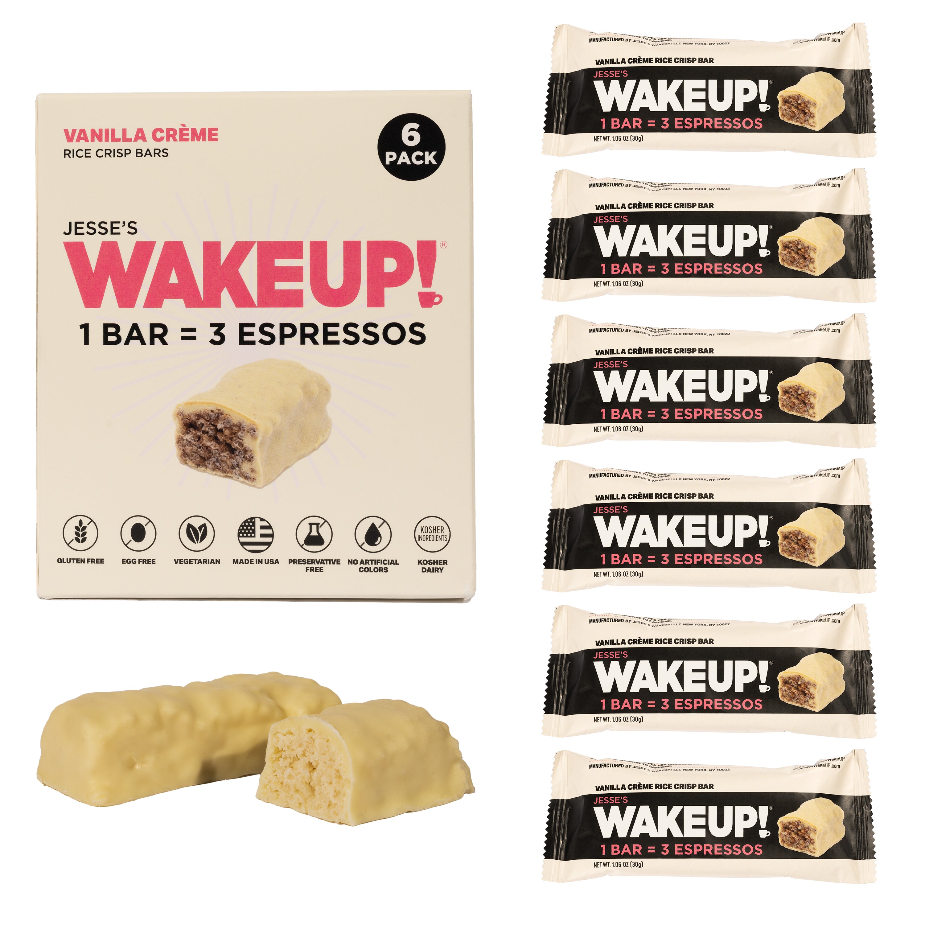 WAKE UP! Caffeinated Vanilla Creme Protein Bars - Gluten Free, Vegetarian, 350mg Caffeine (1 Bar = 3 Espressos) - Boosts Focus and Clarity - Kosher Ingredients - 6 Pack