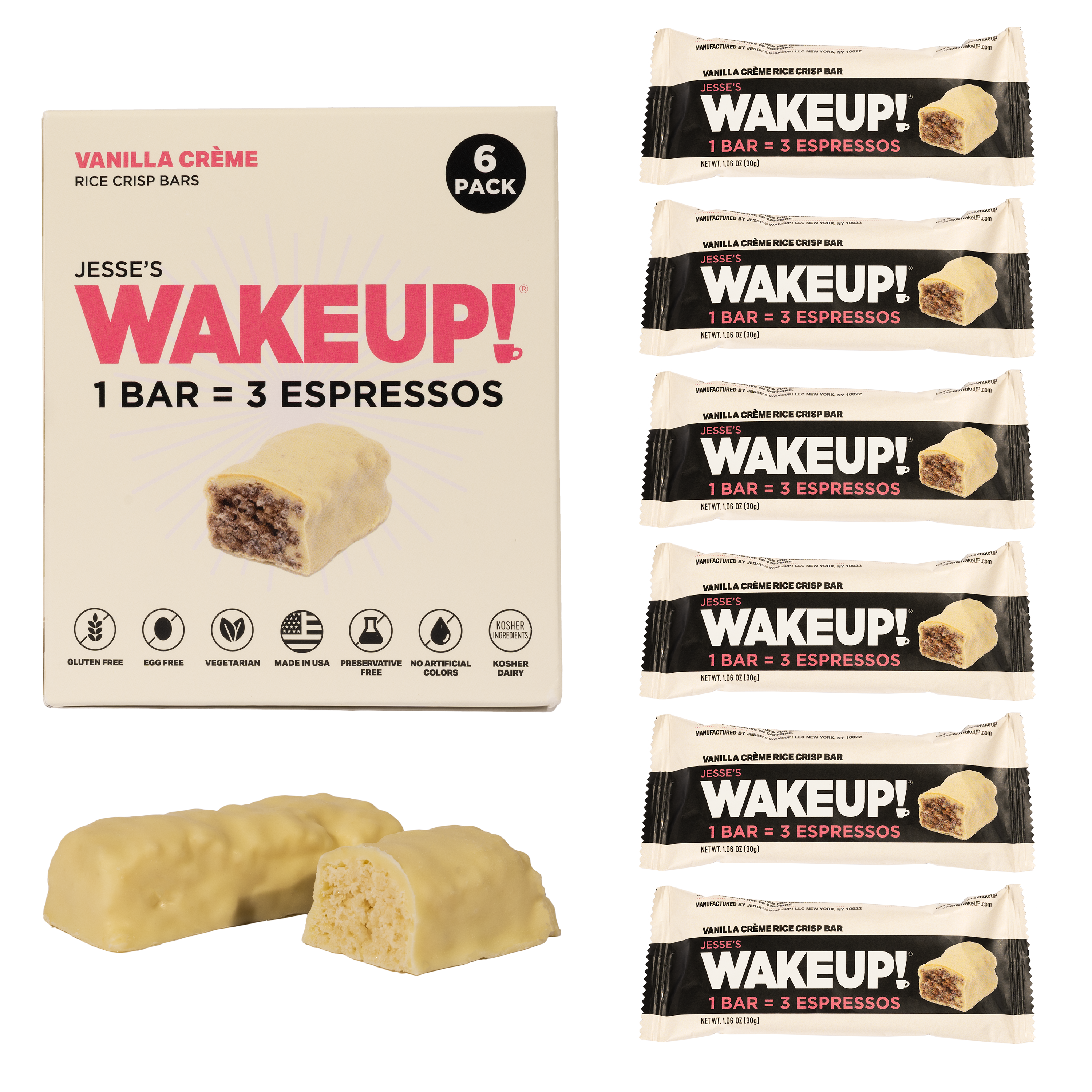 VARIETY PACK (36 Bars, 6 Cartons) WAKE UP! Caffeinated Protein Bars, All 6 Flavor - 350mg Caffeine (1 Bar = 3 Espressos)