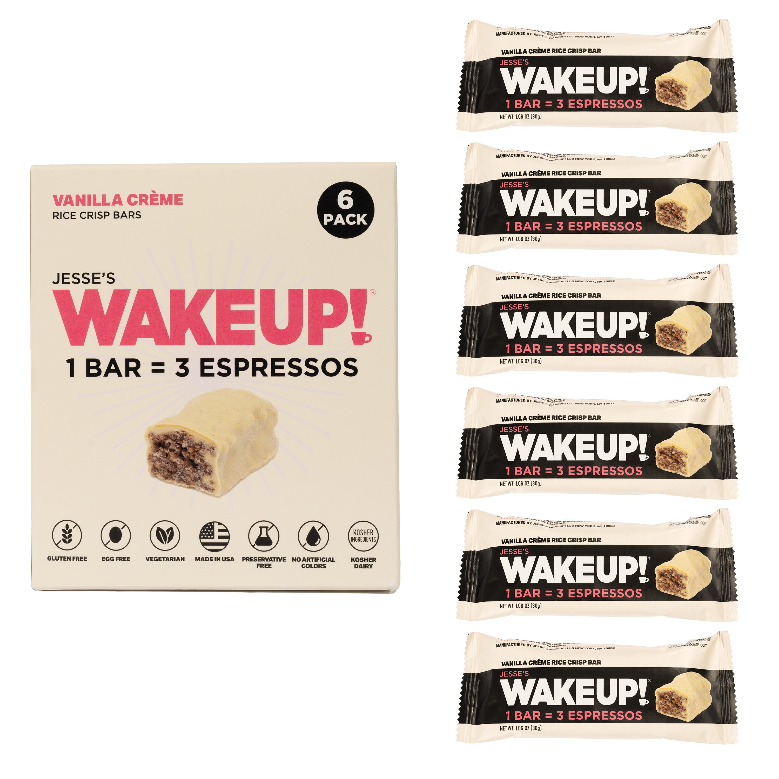 WAKE UP! Caffeinated Vanilla Creme Protein Bars - Gluten Free, Vegetarian, 350mg Caffeine (1 Bar = 3 Espressos) - Boosts Focus and Clarity - Kosher Ingredients - 6 Pack