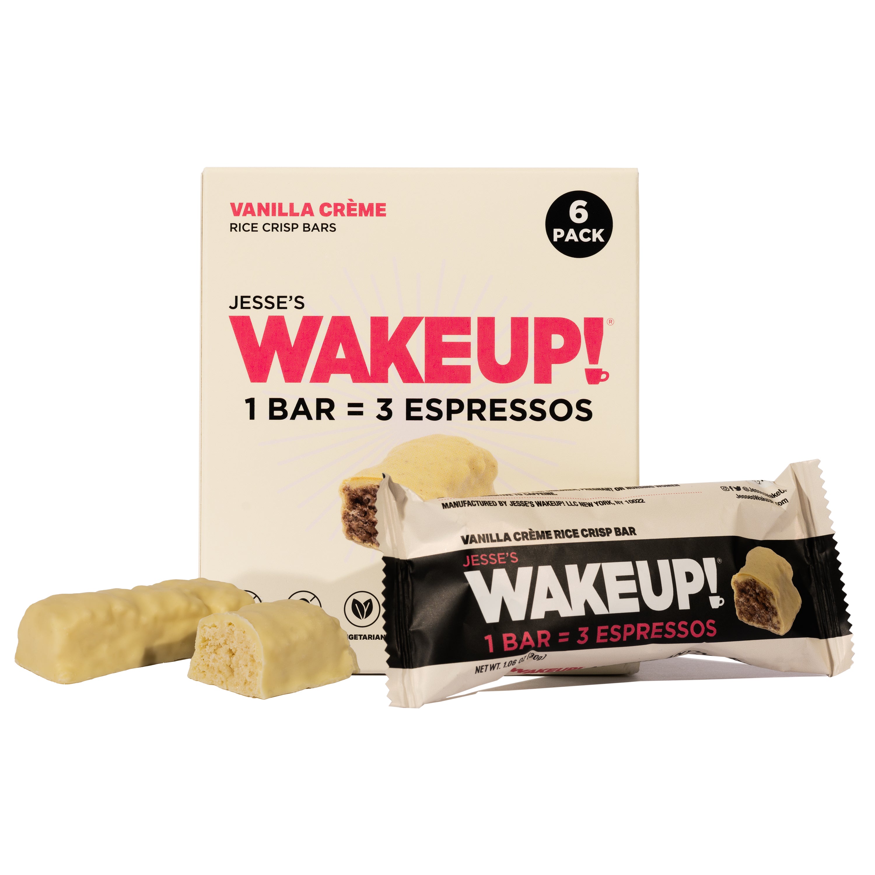 WAKE UP! Caffeinated Vanilla Creme Protein Bars - Gluten Free, Vegetarian, 350mg Caffeine (1 Bar = 3 Espressos) - Boosts Focus and Clarity - Kosher Ingredients - 6 Pack