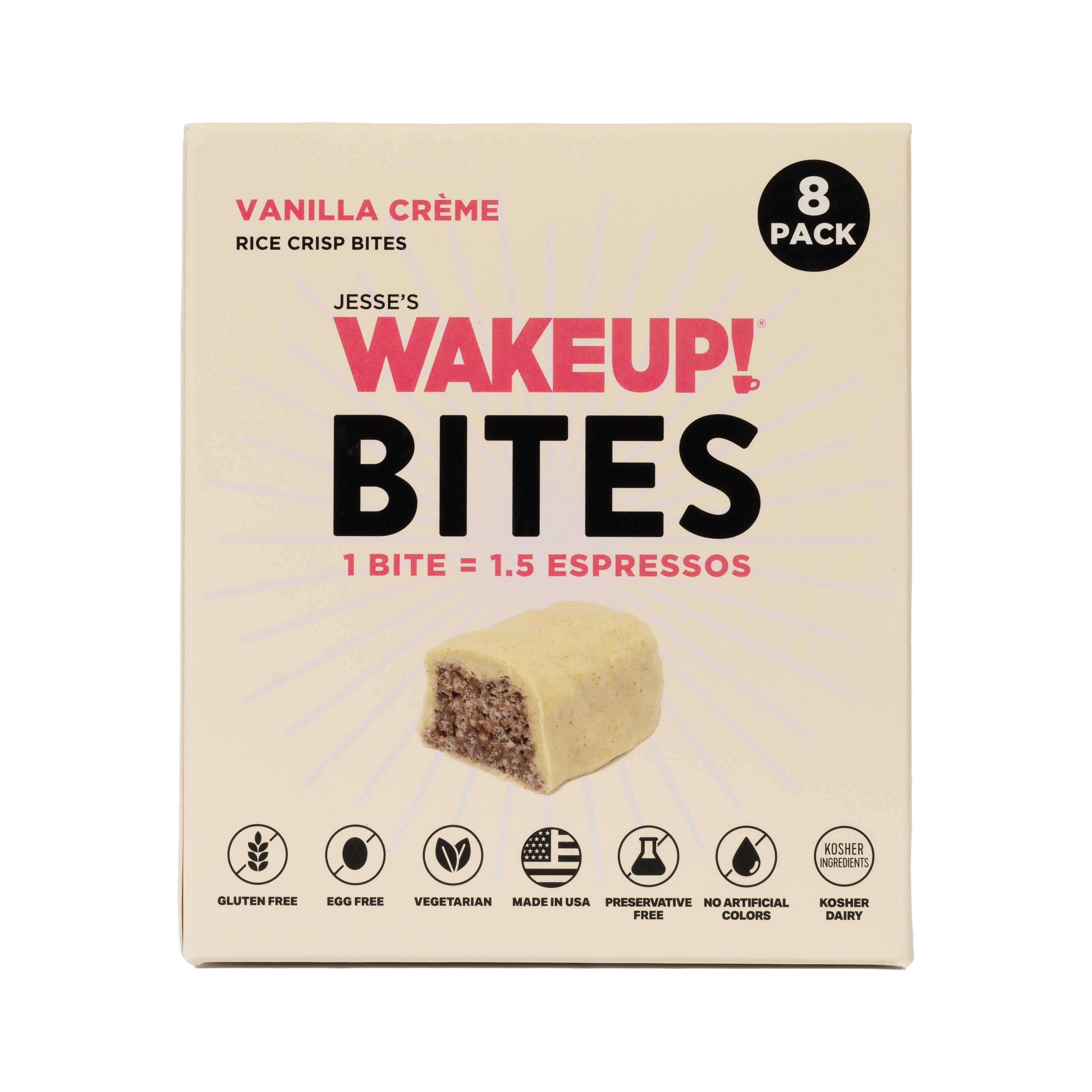 WAKE UP! Caffeinated Vanilla Creme Protein Bites - Gluten Free, Vegetarian, 175mg Caffeine (1 Bite = 1.5 Espressos) - Boosts Focus and Clarity - Kosher Ingredients - 8 Pack