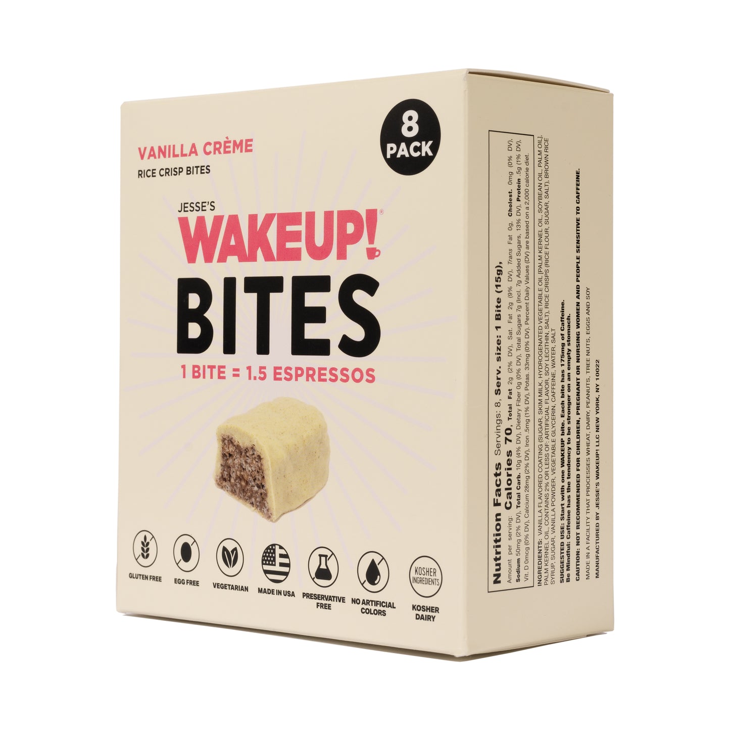 WAKE UP! Caffeinated Vanilla Creme Protein Bites - Gluten Free, Vegetarian, 175mg Caffeine (1 Bite = 1.5 Espressos) - Boosts Focus and Clarity - Kosher Ingredients - 8 Pack