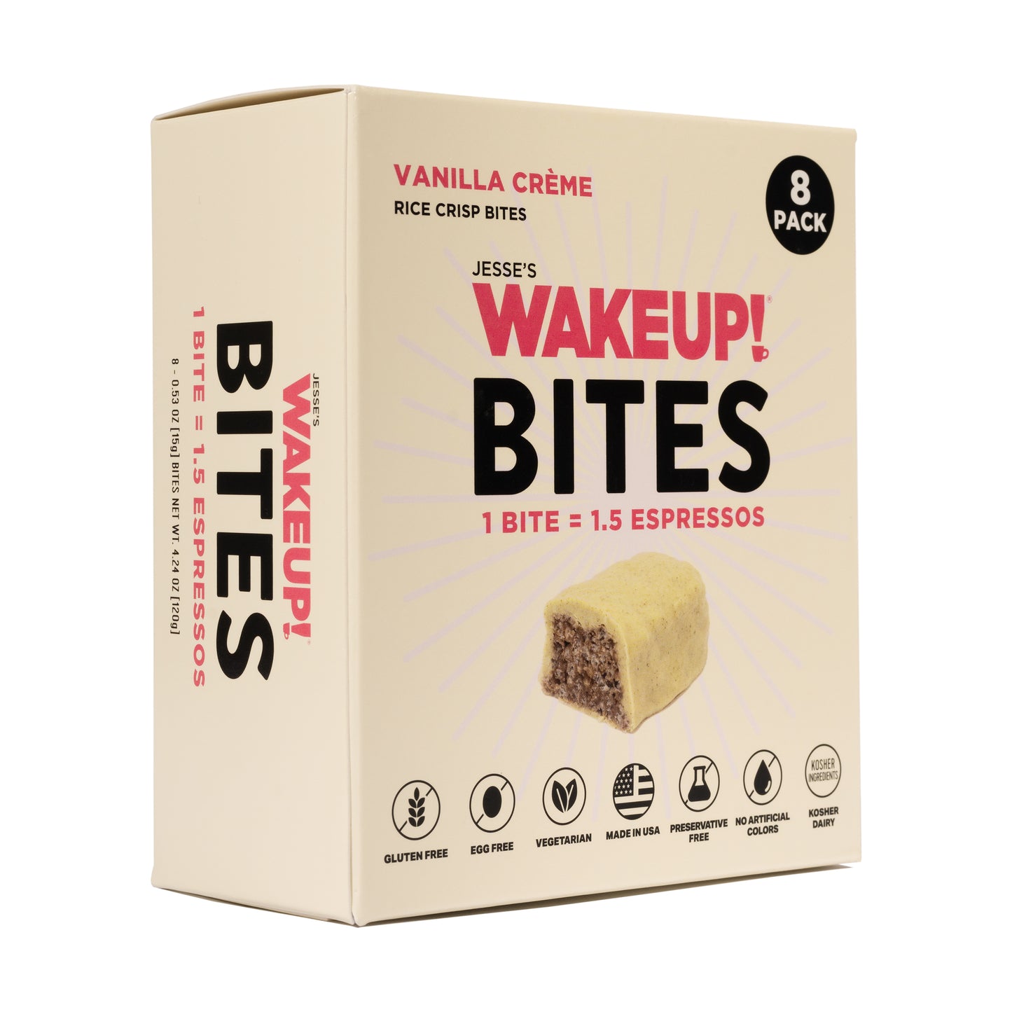 WAKE UP! Caffeinated Vanilla Creme Protein Bites - Gluten Free, Vegetarian, 175mg Caffeine (1 Bite = 1.5 Espressos) - Boosts Focus and Clarity - Kosher Ingredients - 8 Pack