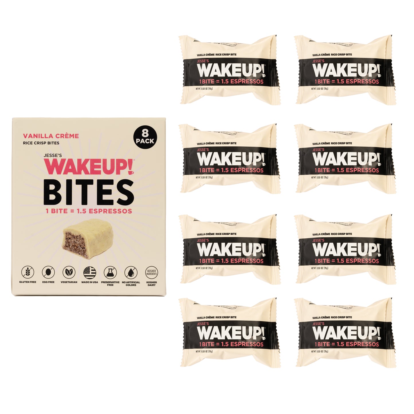 WAKE UP! Caffeinated Vanilla Creme Protein Bites - Gluten Free, Vegetarian, 175mg Caffeine (1 Bite = 1.5 Espressos) - Boosts Focus and Clarity - Kosher Ingredients - 8 Pack