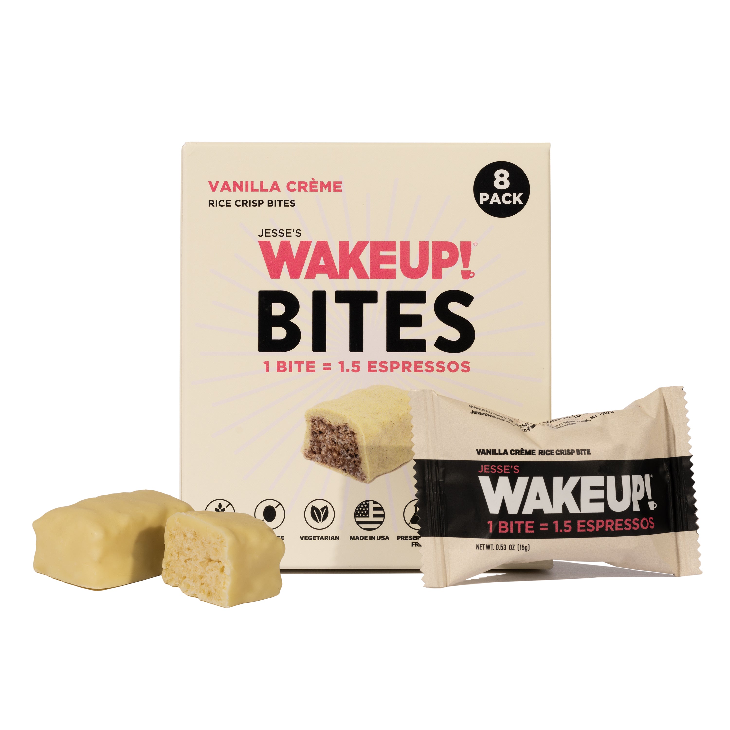 WAKE UP! Caffeinated Vanilla Creme Protein Bites - Gluten Free, Vegetarian, 175mg Caffeine (1 Bite = 1.5 Espressos) - Boosts Focus and Clarity - Kosher Ingredients - 8 Pack