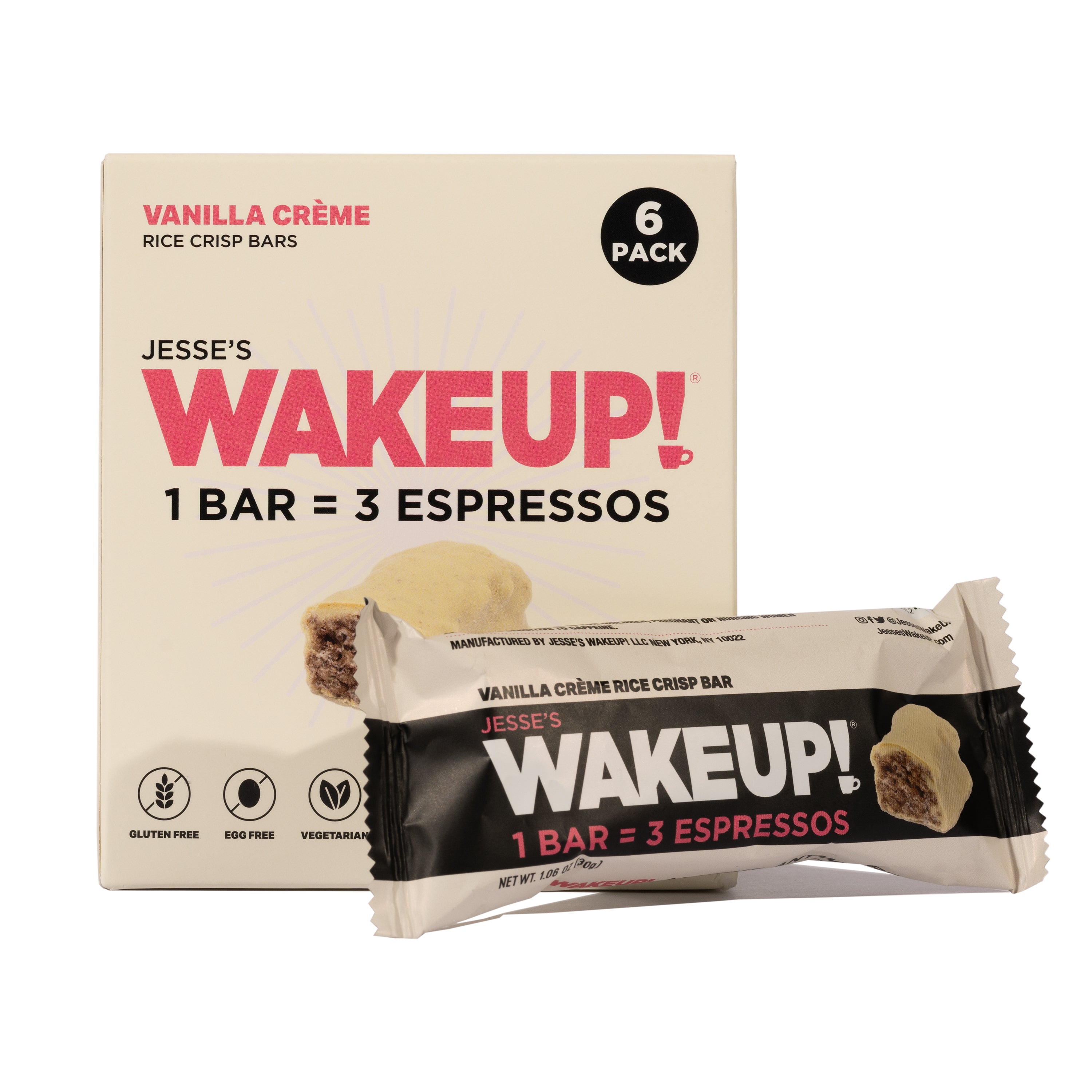 WAKE UP! Caffeinated Vanilla Creme Protein Bars - Gluten Free, Vegetarian, 350mg Caffeine (1 Bar = 3 Espressos) - Boosts Focus and Clarity - Kosher Ingredients - 6 Pack