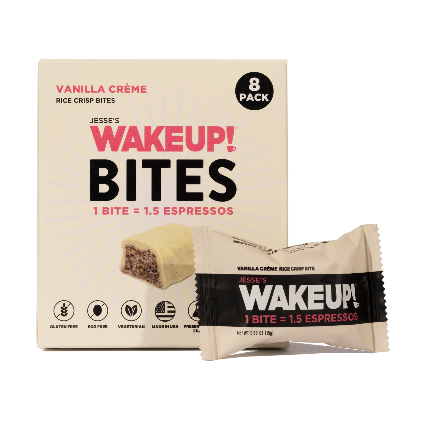 WAKE UP! Caffeinated Vanilla Creme Protein Bites - Gluten Free, Vegetarian, 175mg Caffeine (1 Bite = 1.5 Espressos) - Boosts Focus and Clarity - Kosher Ingredients - 8 Pack